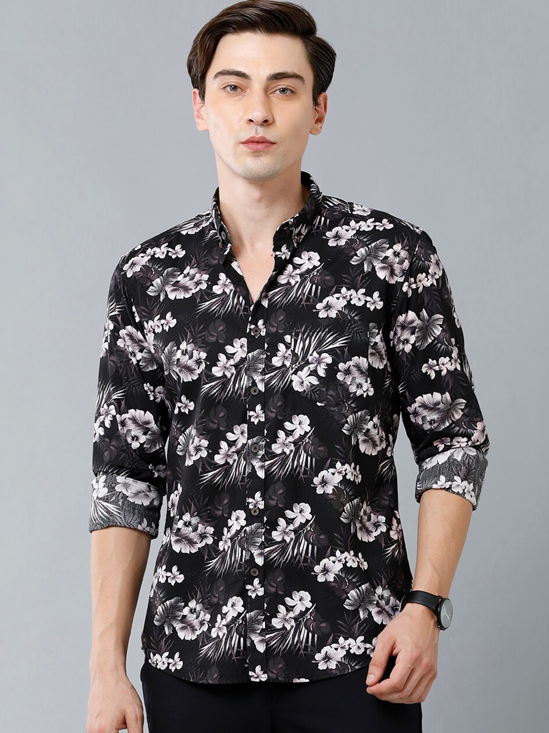 Buy YOVISH Men Black Smart Slim Fit Floral Printed Casual Shirt ...