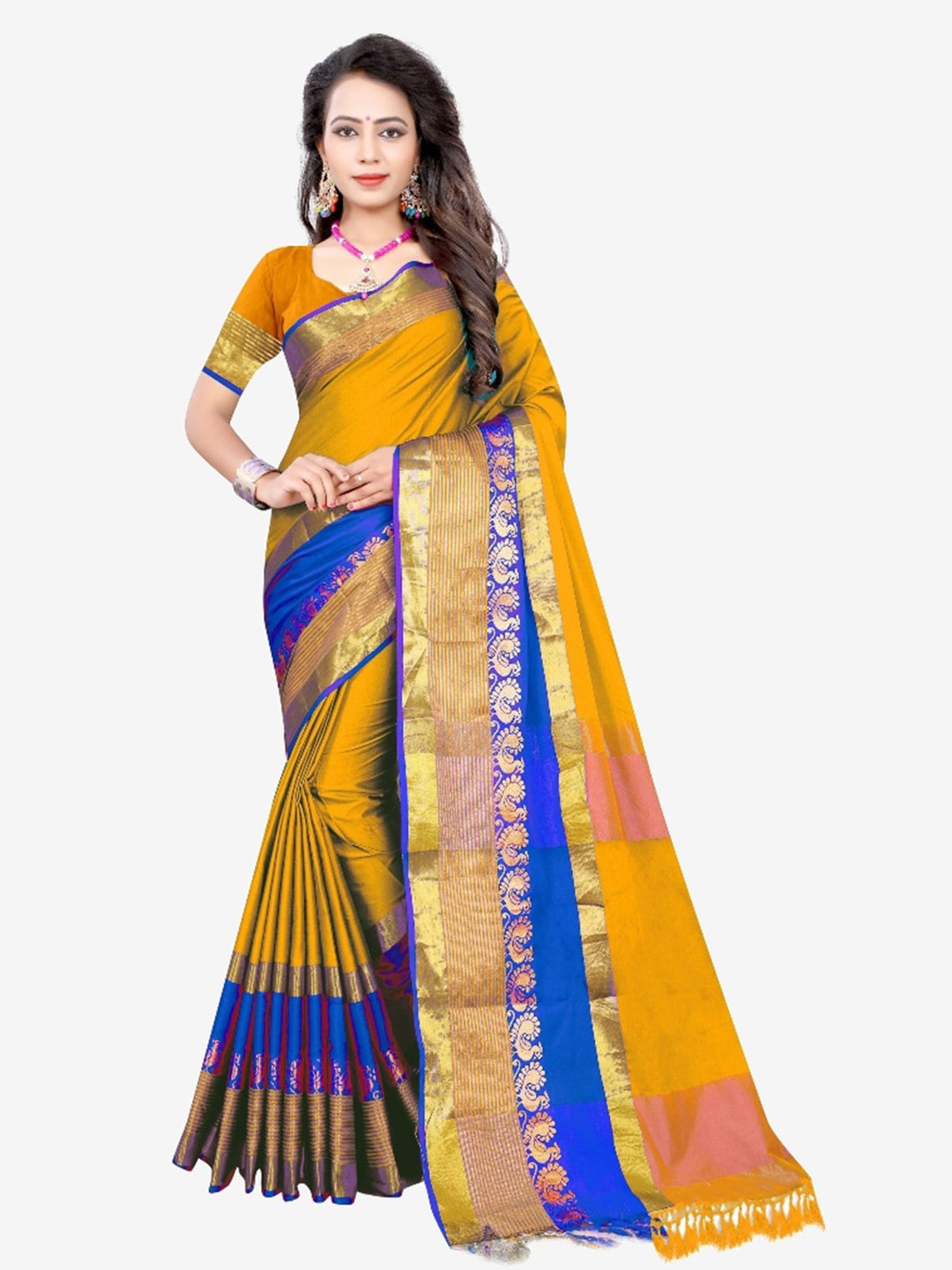 Buy Indian Fashionista Mustard & Blue Woven Design Zari Art Silk