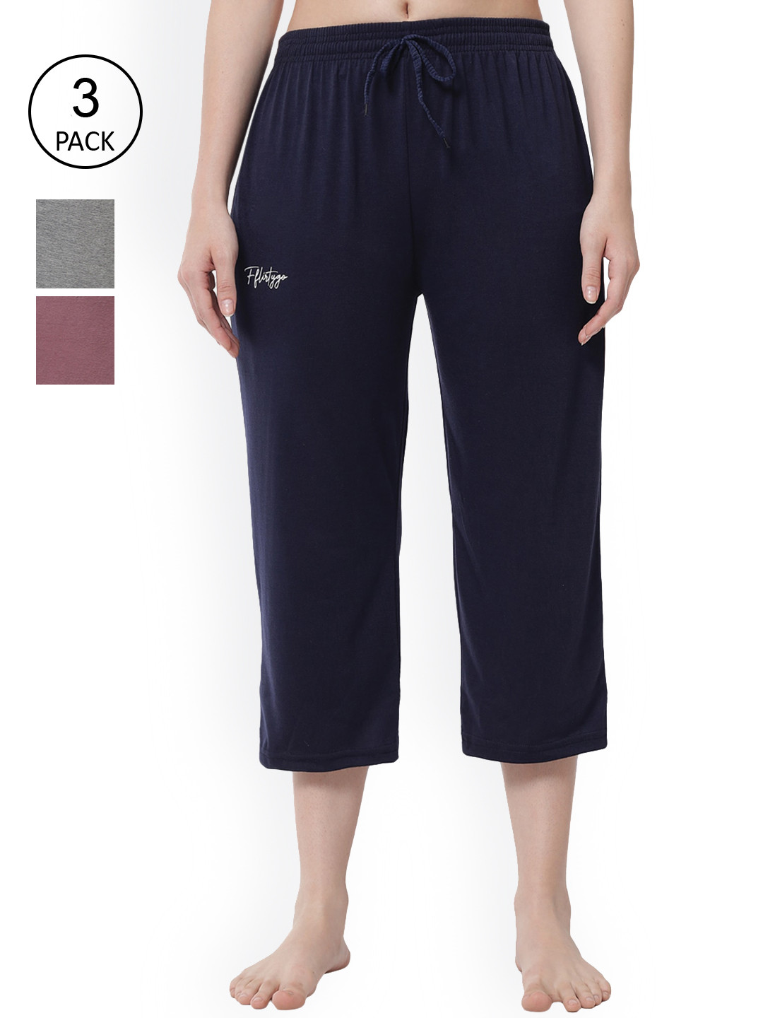 Buy FFLIRTYGO Women Navy Blue & Grey Pack Of 3 Capris Lounge Pants