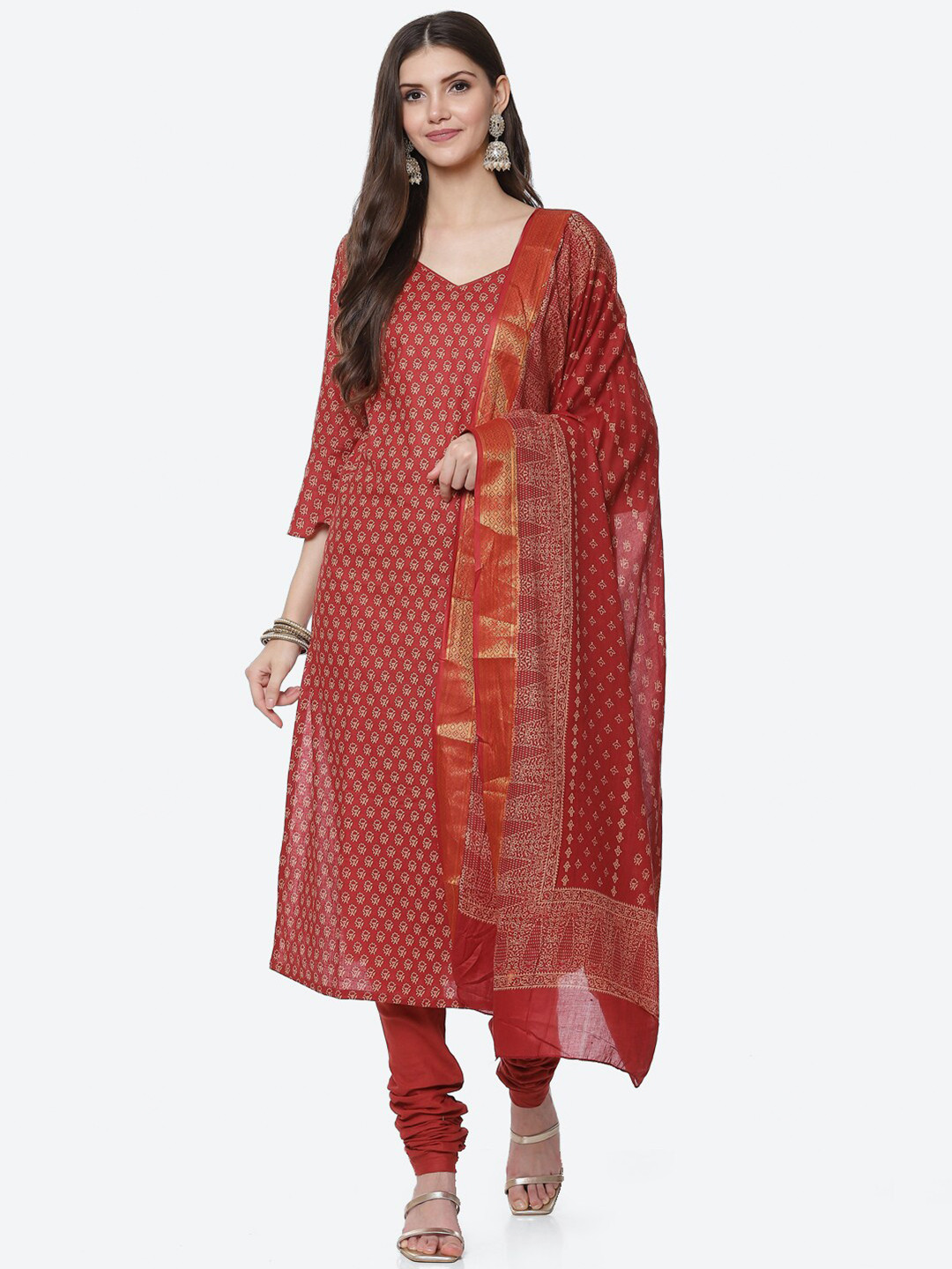 Buy Biba Red & White Printed Unstitched Dress Material Dress Material