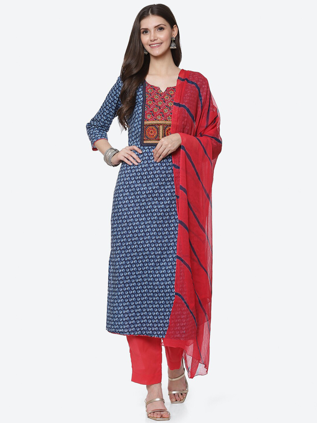 Buy Biba Blue & Red Printed Unstitched Dress Material Dress Material