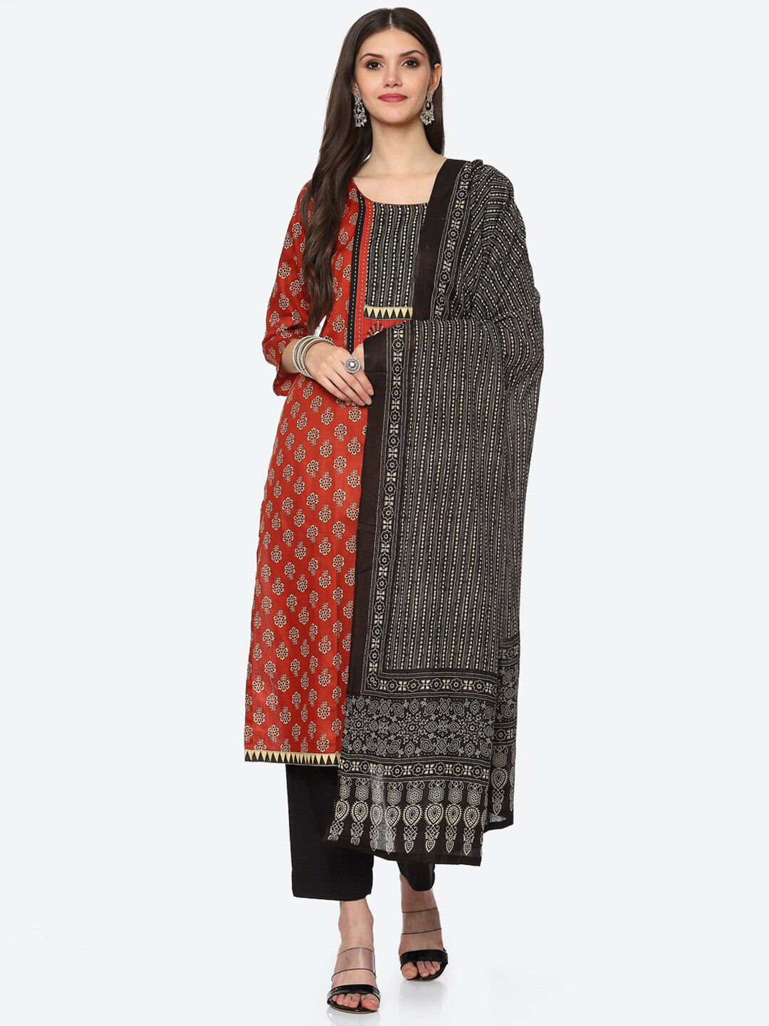 Buy Biba Orange & Black Printed Satin Unstitched Dress Material Dress Material for Women