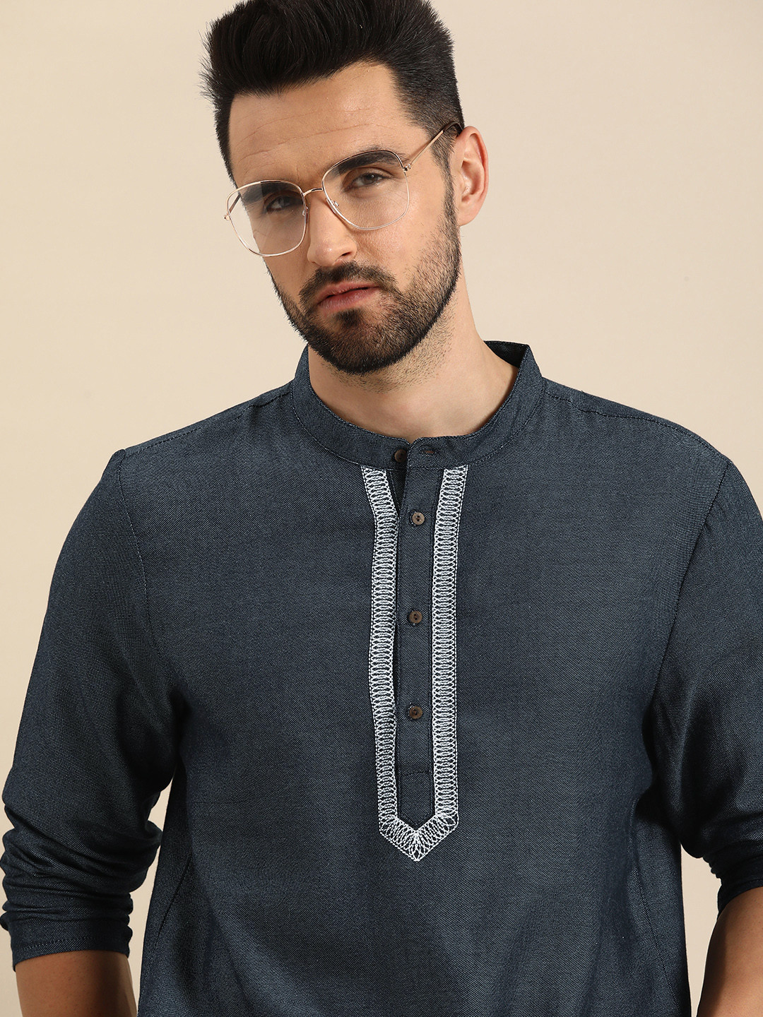 Buy Anouk Men Grey & White Embroidered Pure Cotton Kurta Kurtas for
