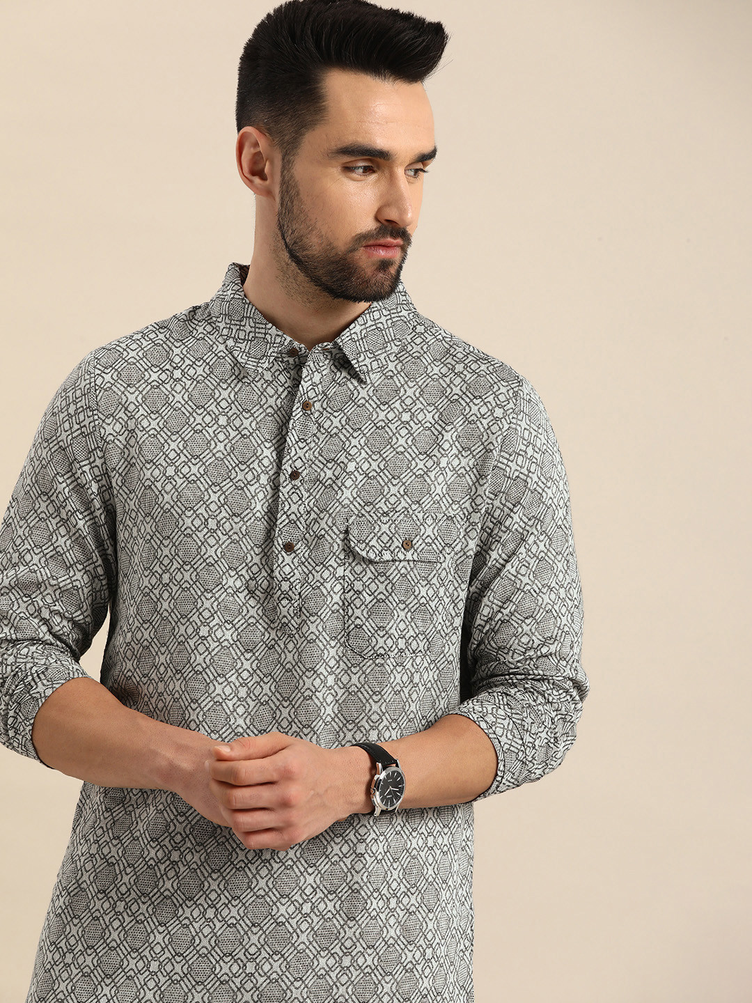 Buy Anouk Men Grey Geometric Pattern Woven Shirt Collar Kurta With Flap
