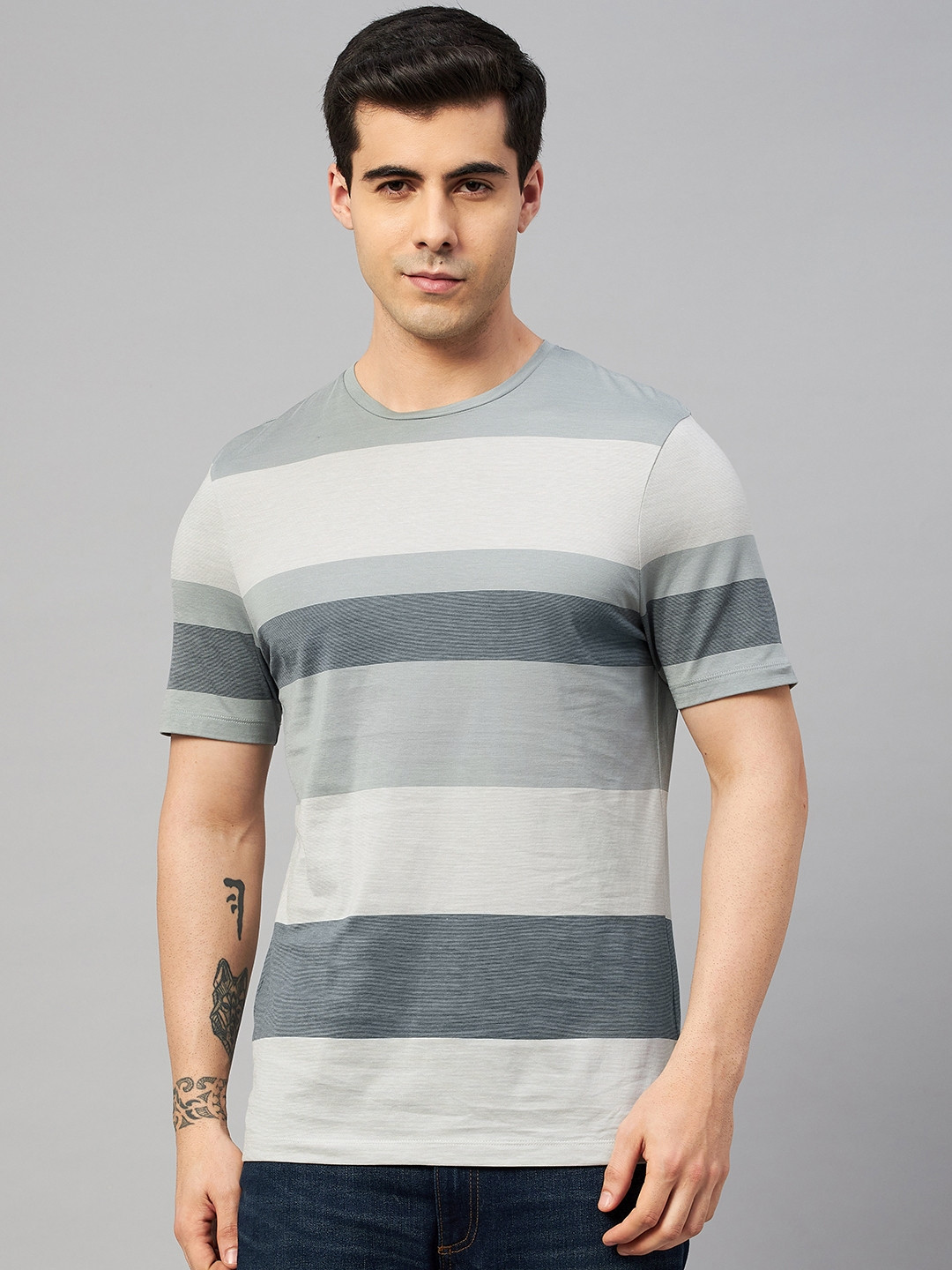 Buy Marks & Spencer Men Sage Green Striped Pure Cotton T Shirt