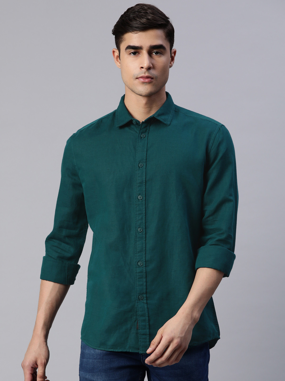 Buy Marks & Spencer Green Solid Linen Cotton Relaxed Fit Casual Shirt