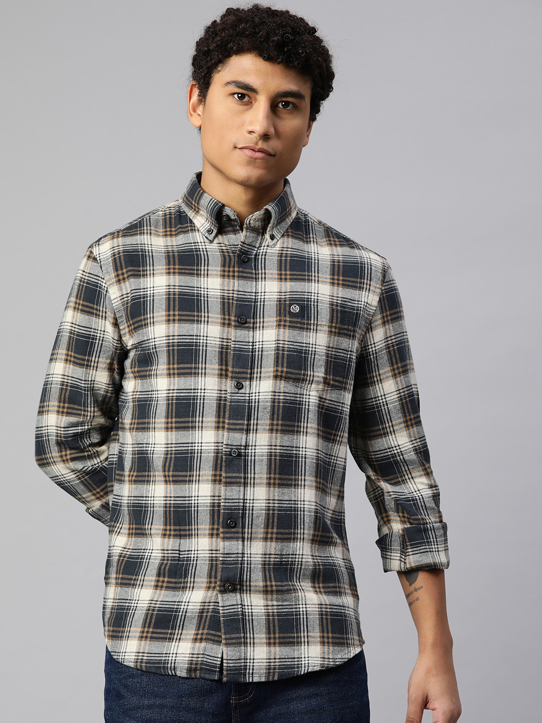 Buy Marks & Spencer Men Teal Blue & Beige Checked Pure Cotton Casual