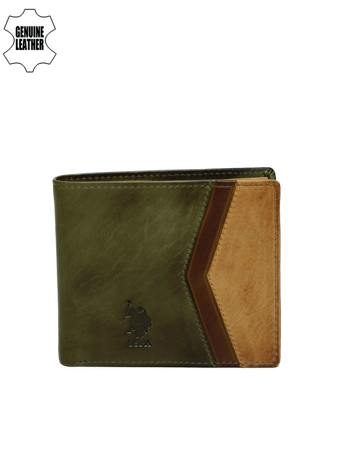 Buy U.S. Polo Assn. Men Olive Green Colourblocked Genuine Leather Two