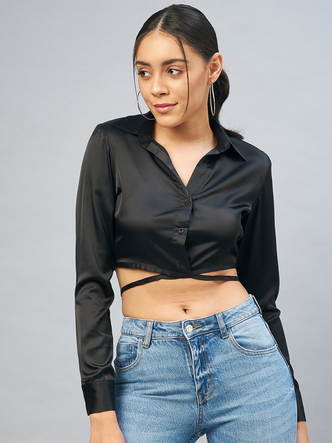 buy-delan-women-black-classic-slim-fit-cropped-casual-shirt-shirts
