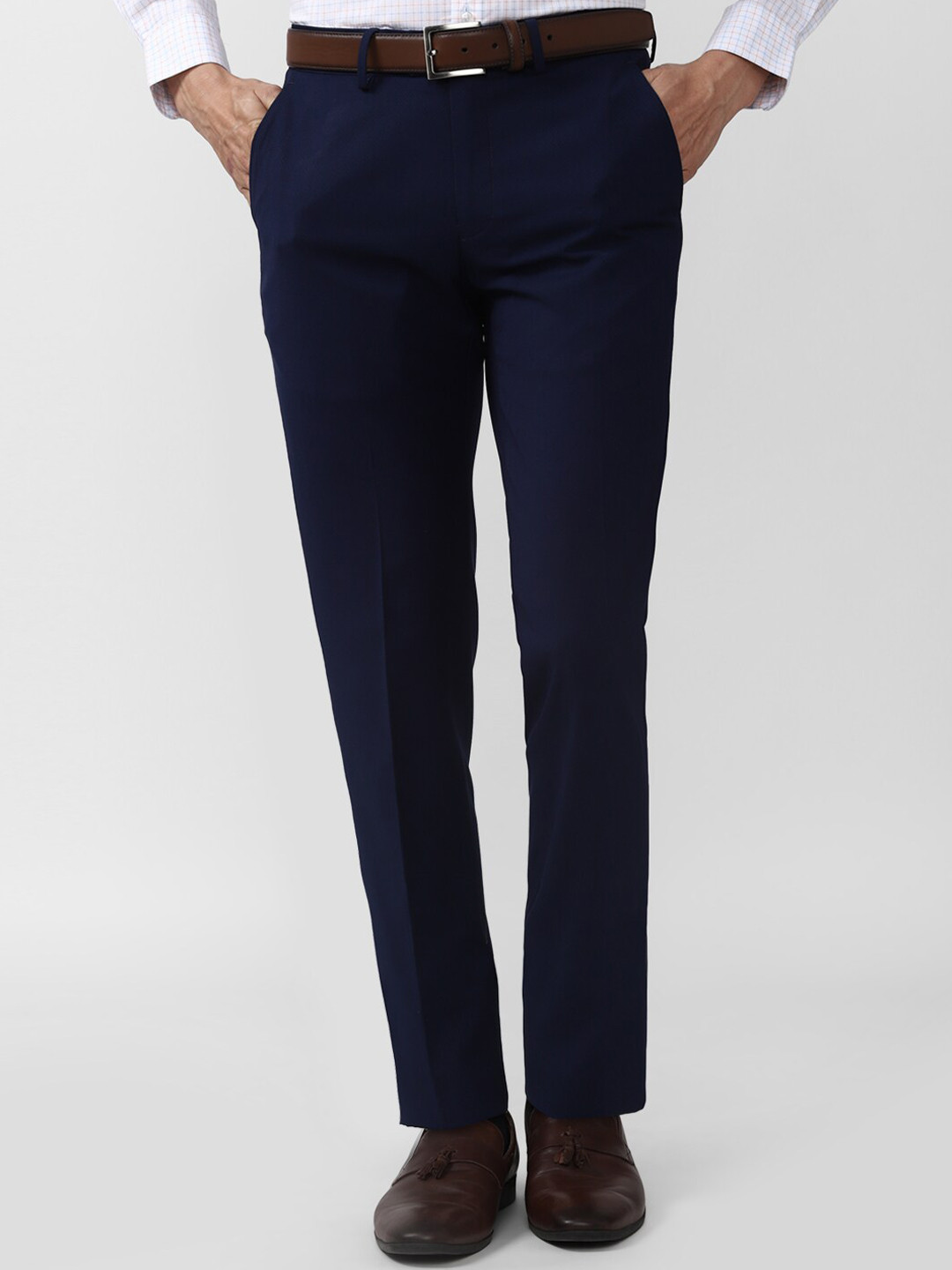 Buy Peter England Elite Men Navy Blue Solid Slim Fit Formal Trousers ...
