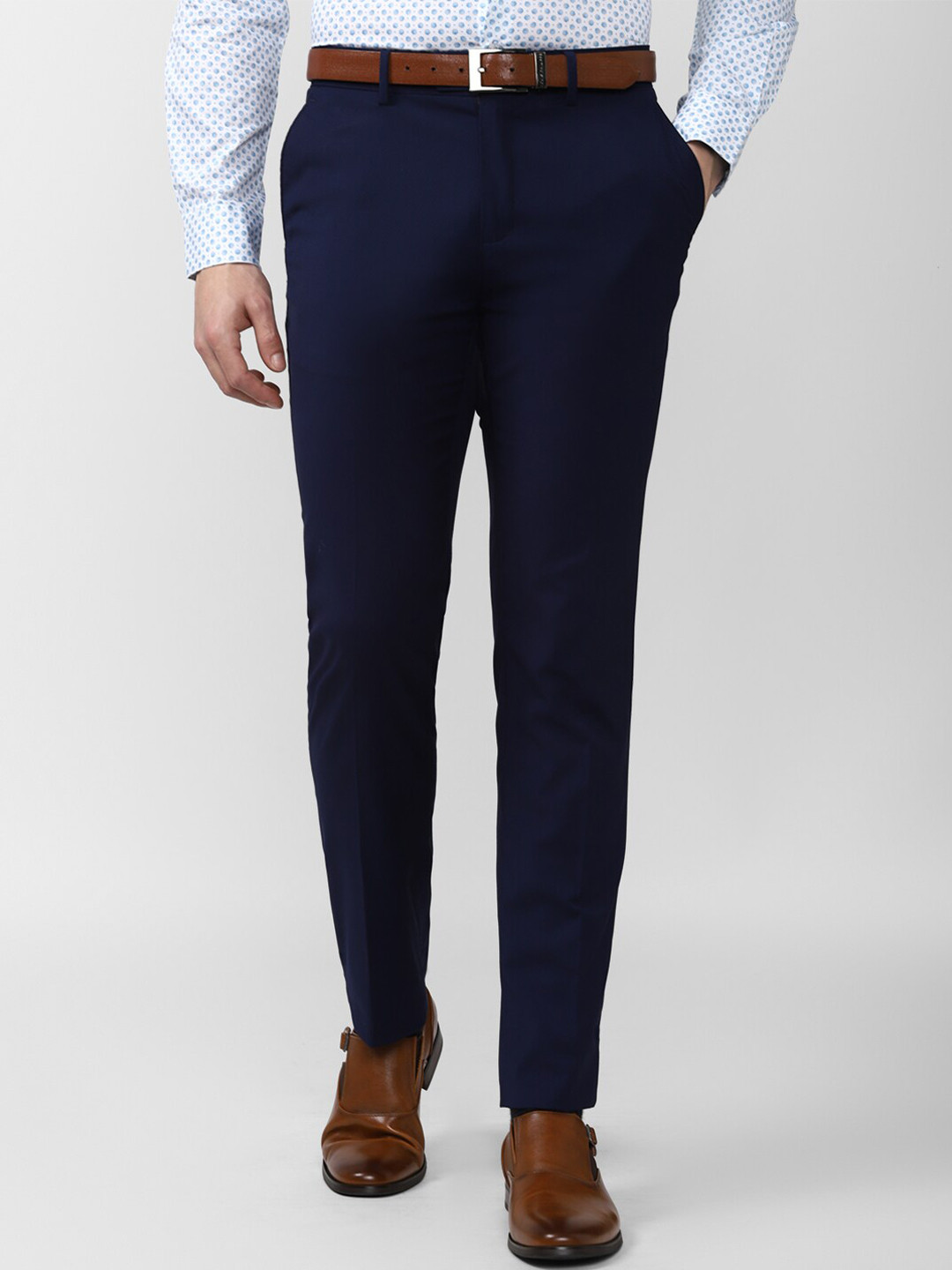 Buy Peter England Elite Men Navy Blue Slim Fit Solid Trousers ...
