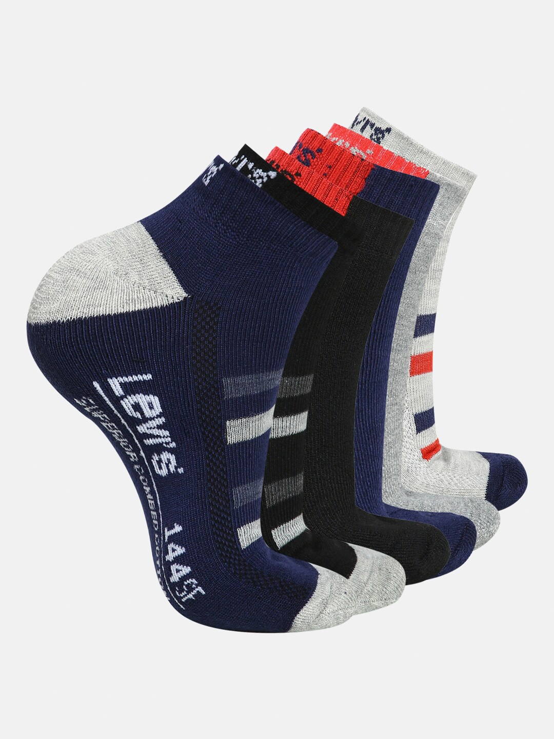 Buy Levis Men Pack Of 6 Grey & Black Patterned Ankle Length Socks ...