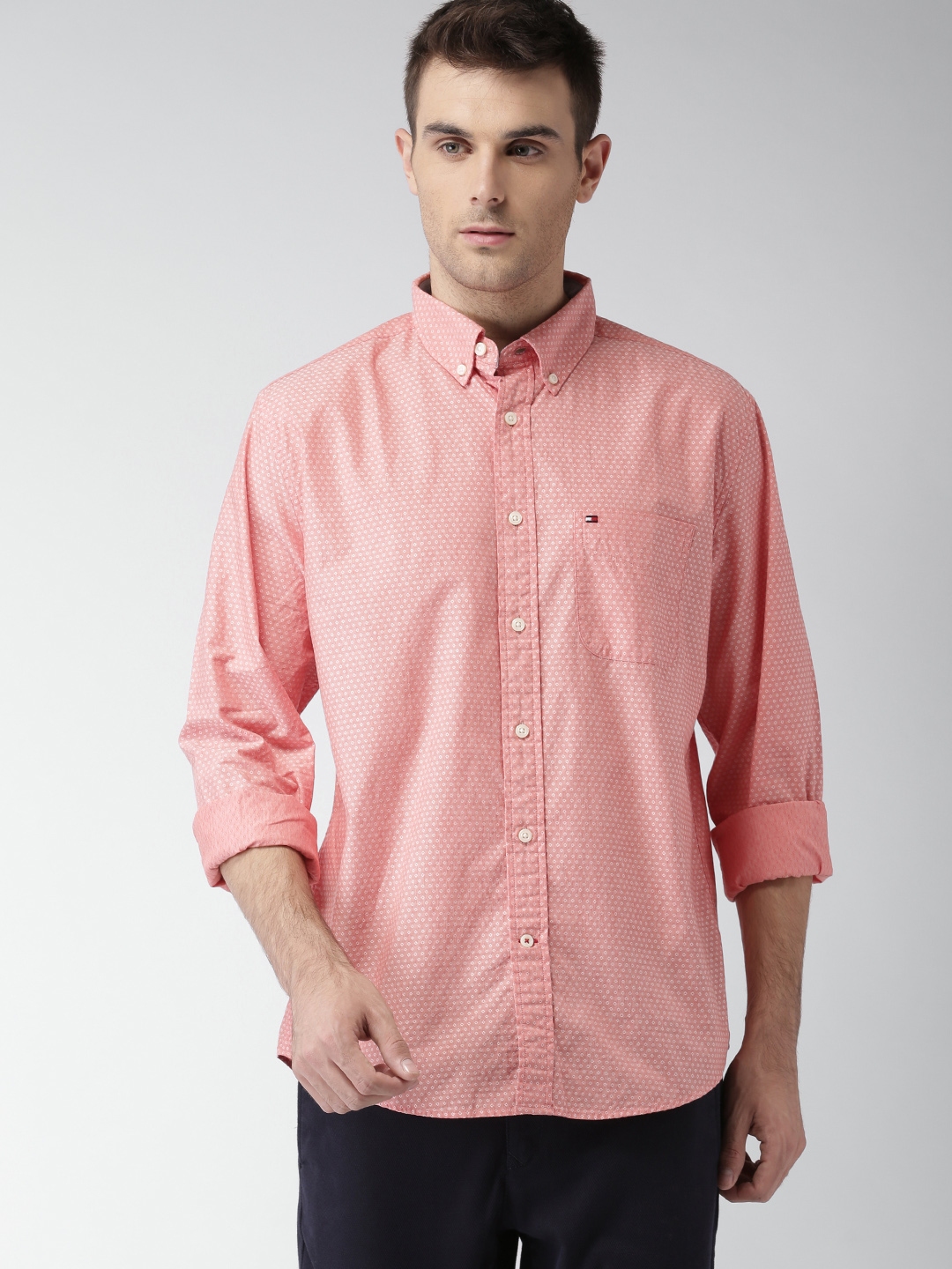 Buy Tommy Hilfiger Men Peach Classic Fit Self Design Casual Shirt ...