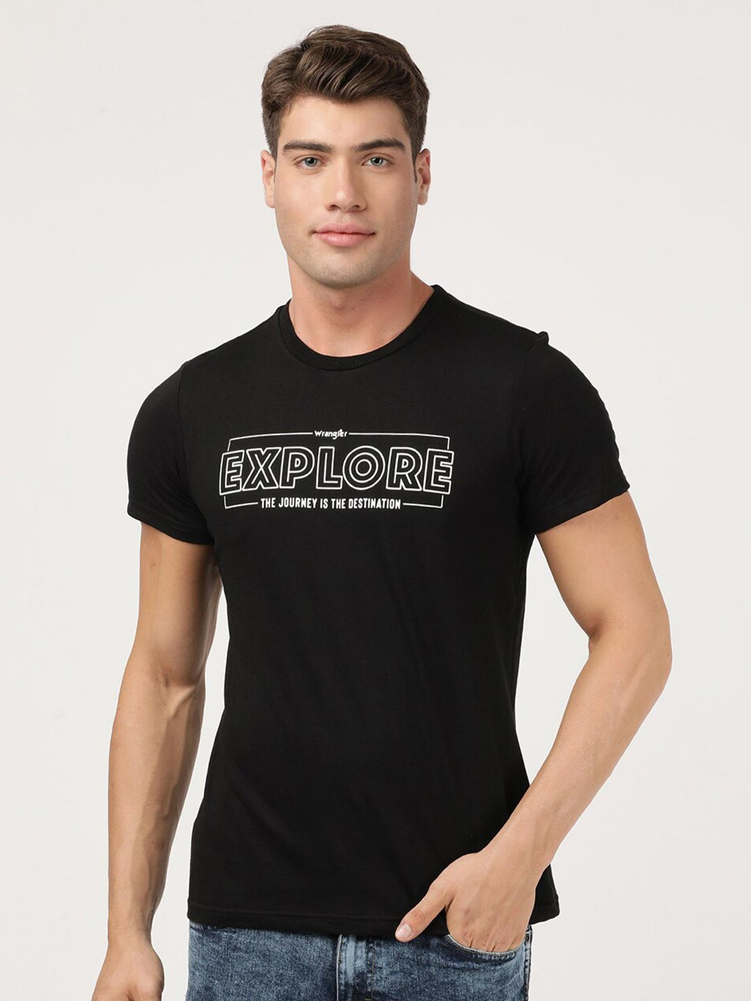 Buy Wrangler Men Black Typography Printed Regular T Shirt - Tshirts for ...