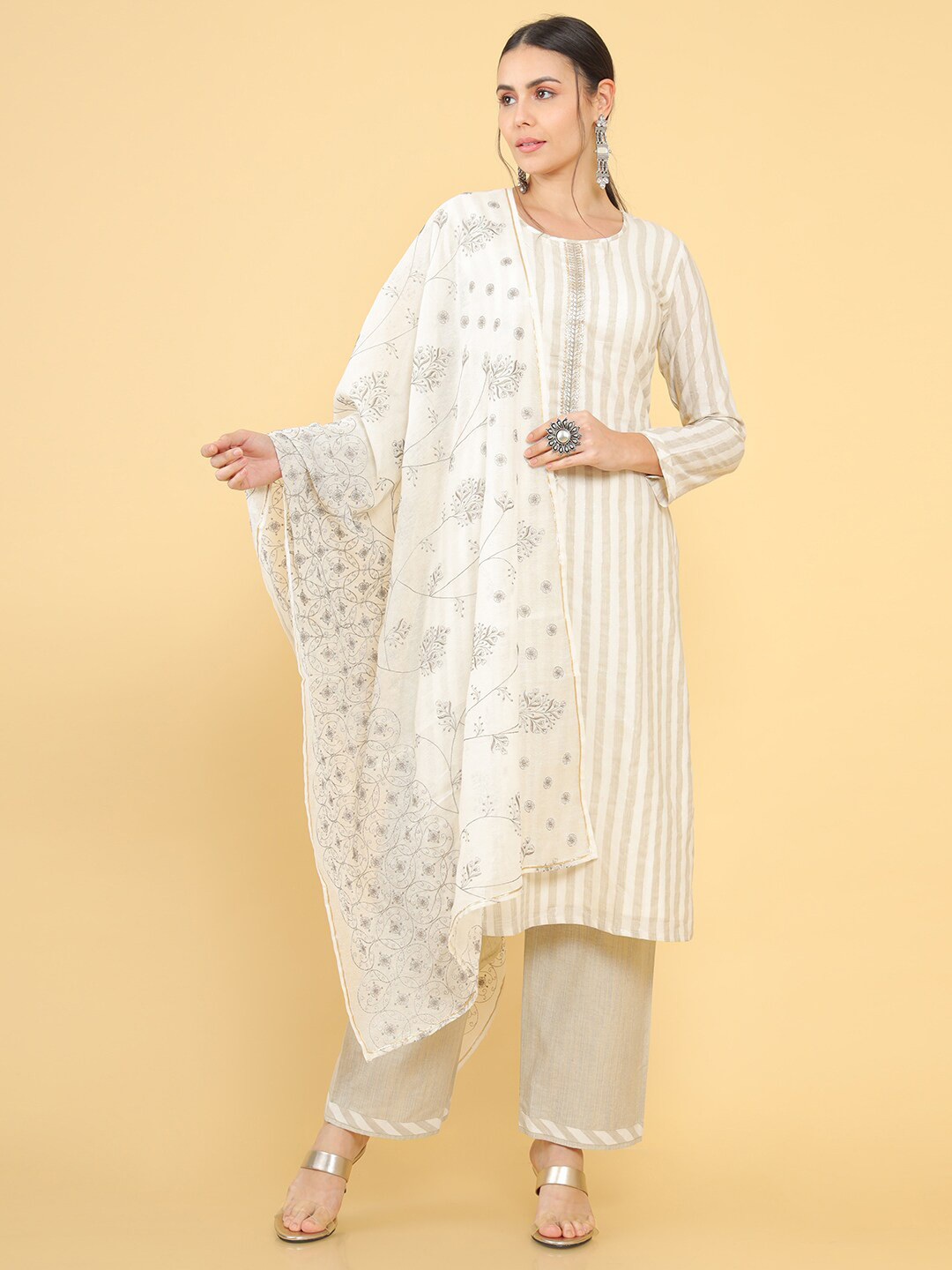 Buy Soch Cream Coloured Printed Unstitched Dress Material Dress