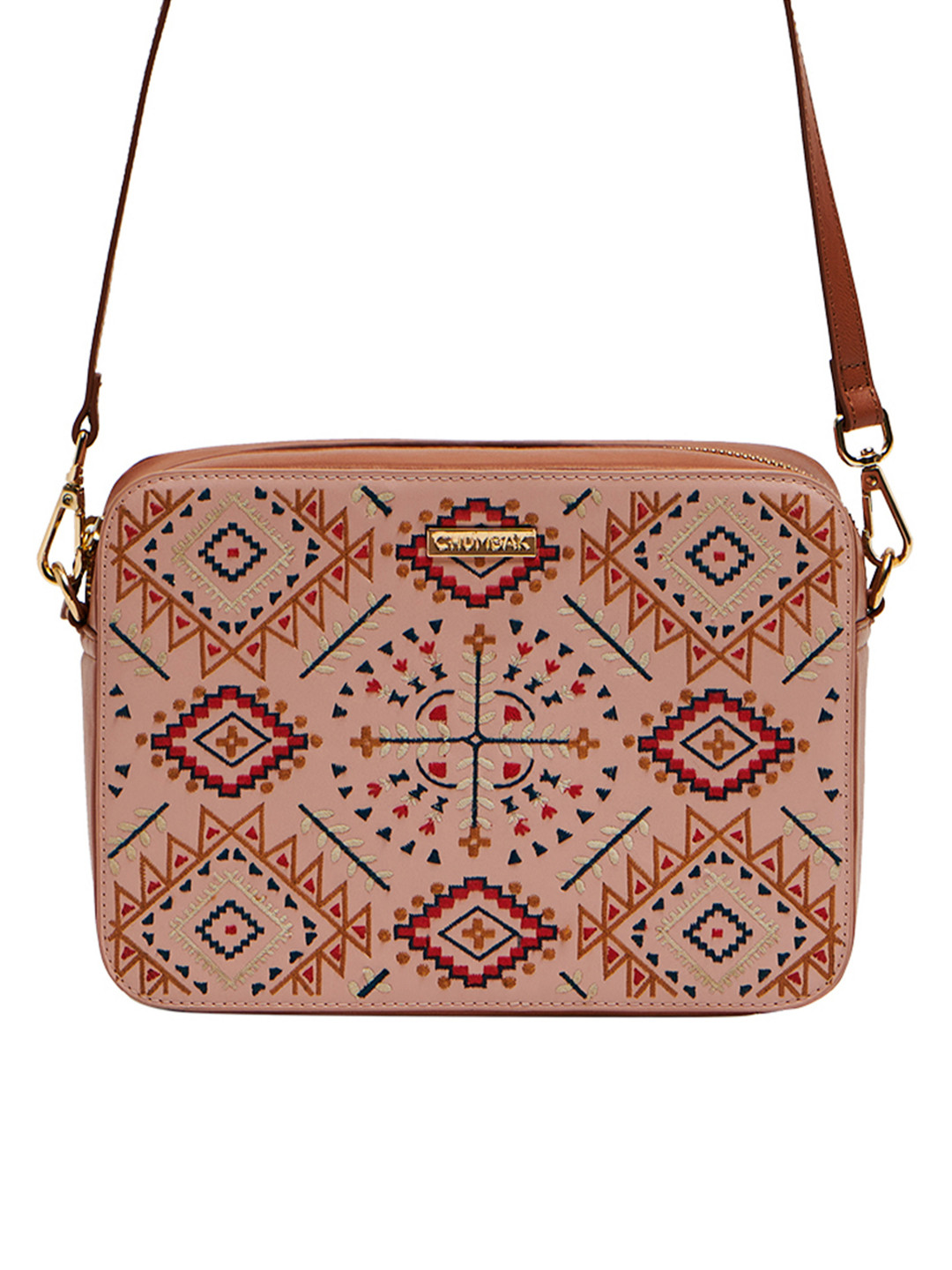 Buy Chumbak Peach Coloured PU Structured Sling Bag With Cut Work