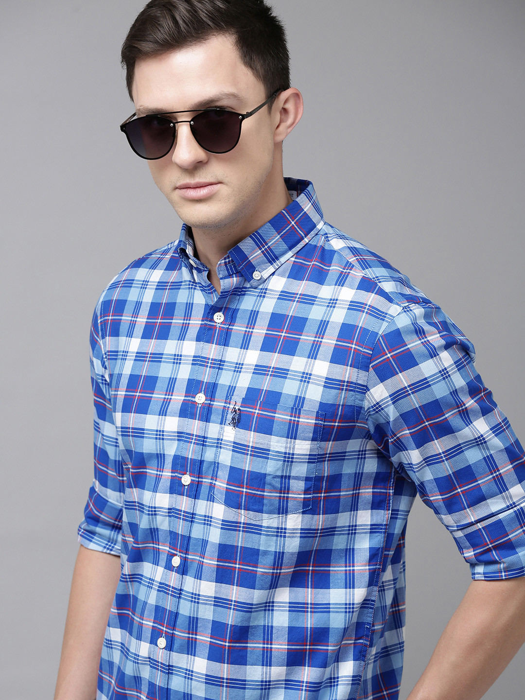 buy-u-s-polo-assn-men-blue-white-tailored-fit-tartan-checked-pure