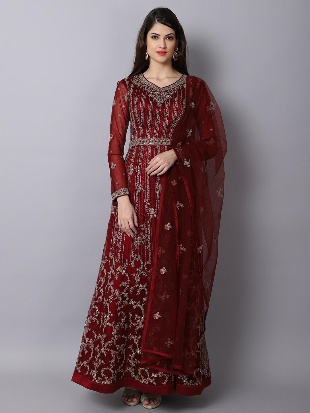 Buy Stylee LIFESTYLE Maroon & Gold Toned Embroidered Semi Stitched