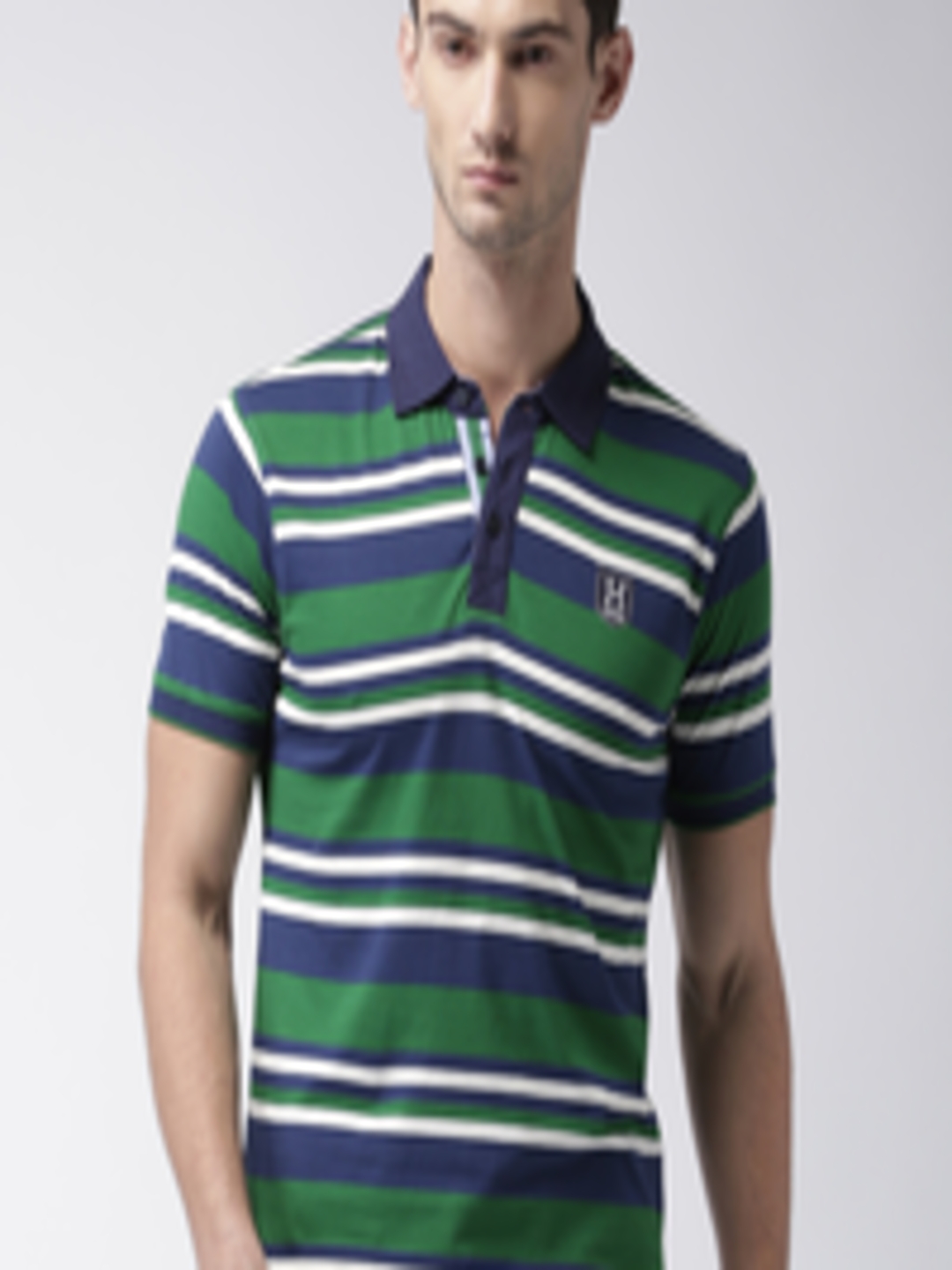 Buy Harvard Men Navy Blue Striped Polo Collar Pure Cotton T Shirt ...