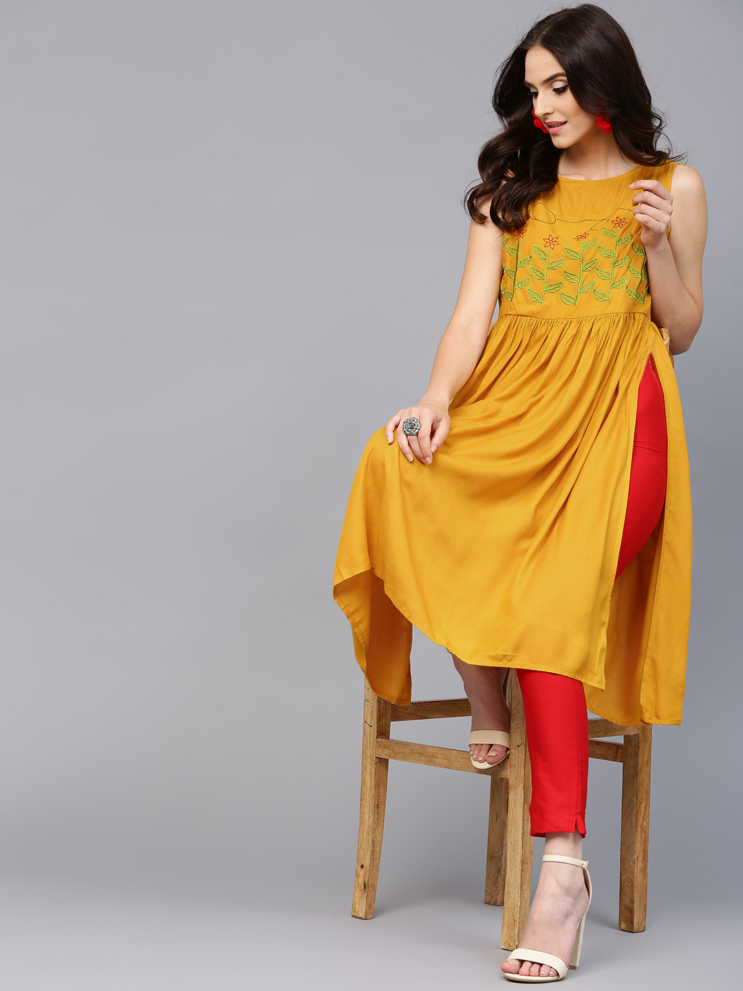 Aks women mustard solid straight kurta Clearance