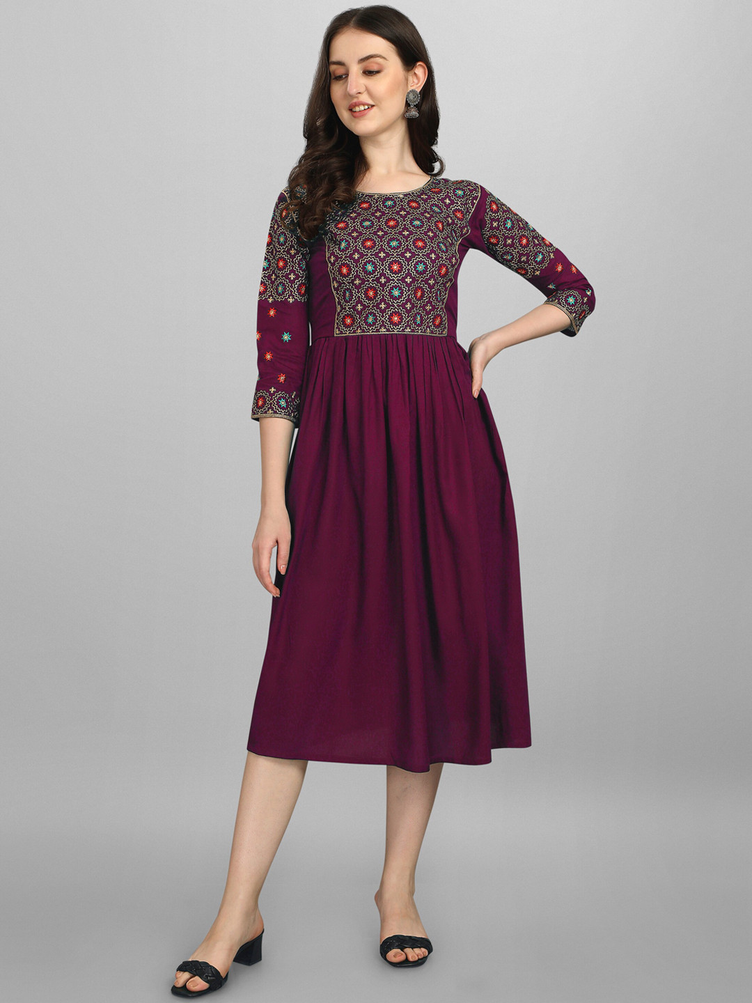 Buy FabFairy Women Purple Embroidered Flared Midi Dress Ethnic