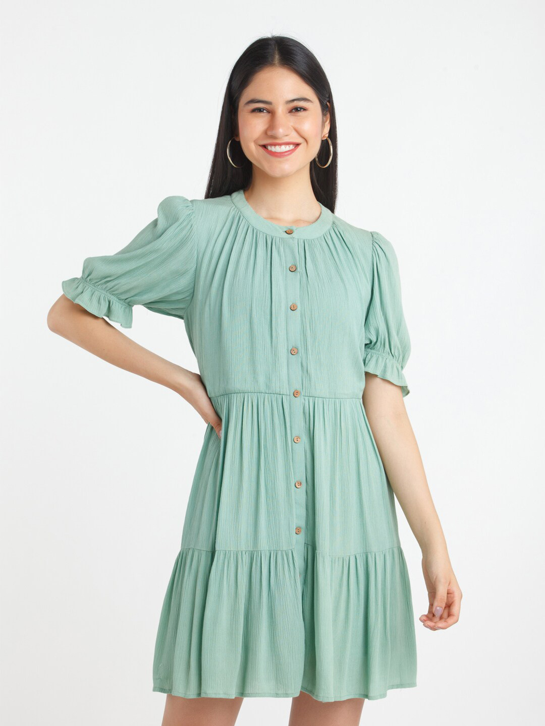 Buy Zink London Green Solid Tiered Fit And Flare Dress Dresses for