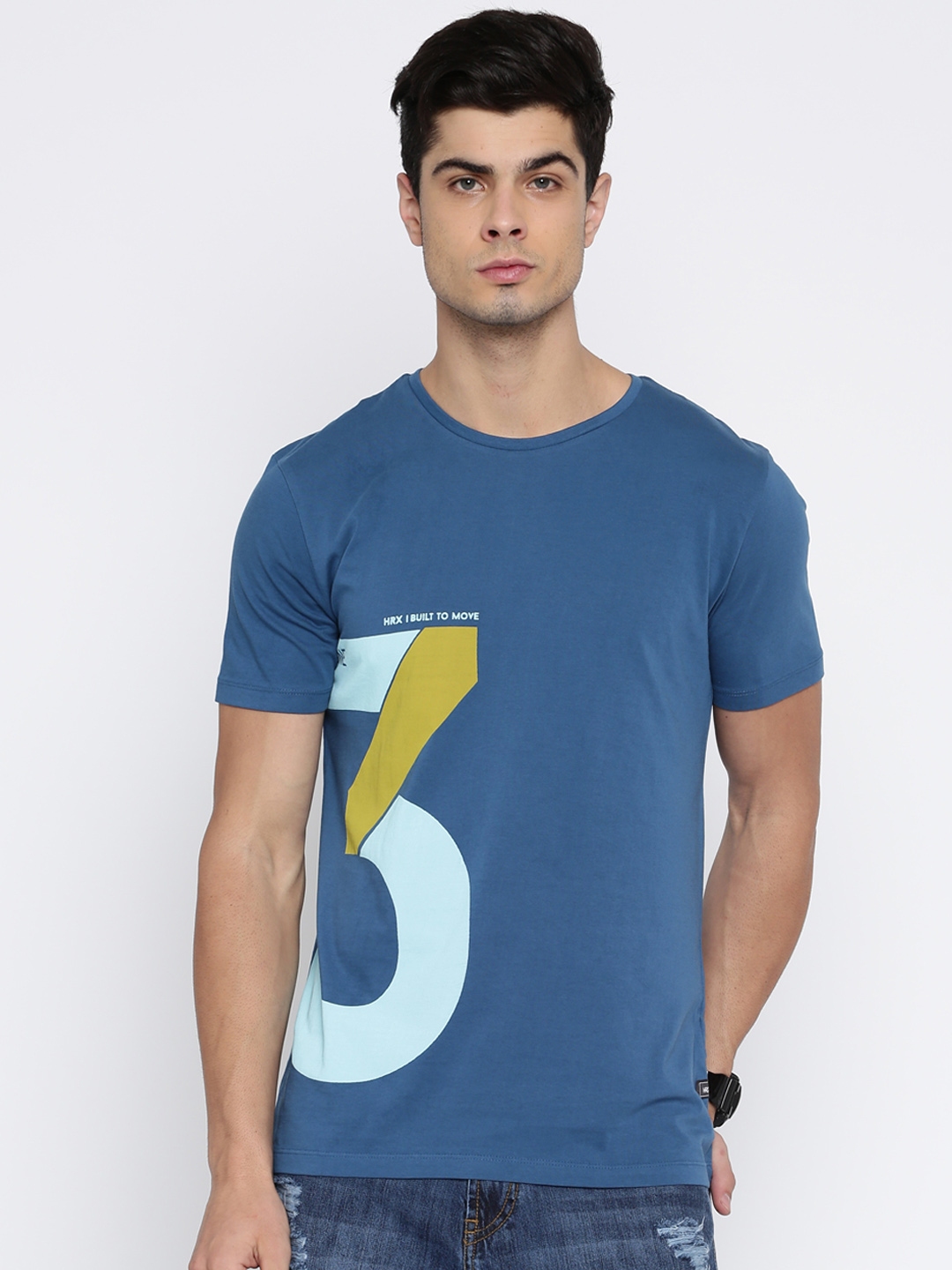 Buy HRX By Hrithik Roshan Men Blue Printed Round Neck Pure Cotton T ...