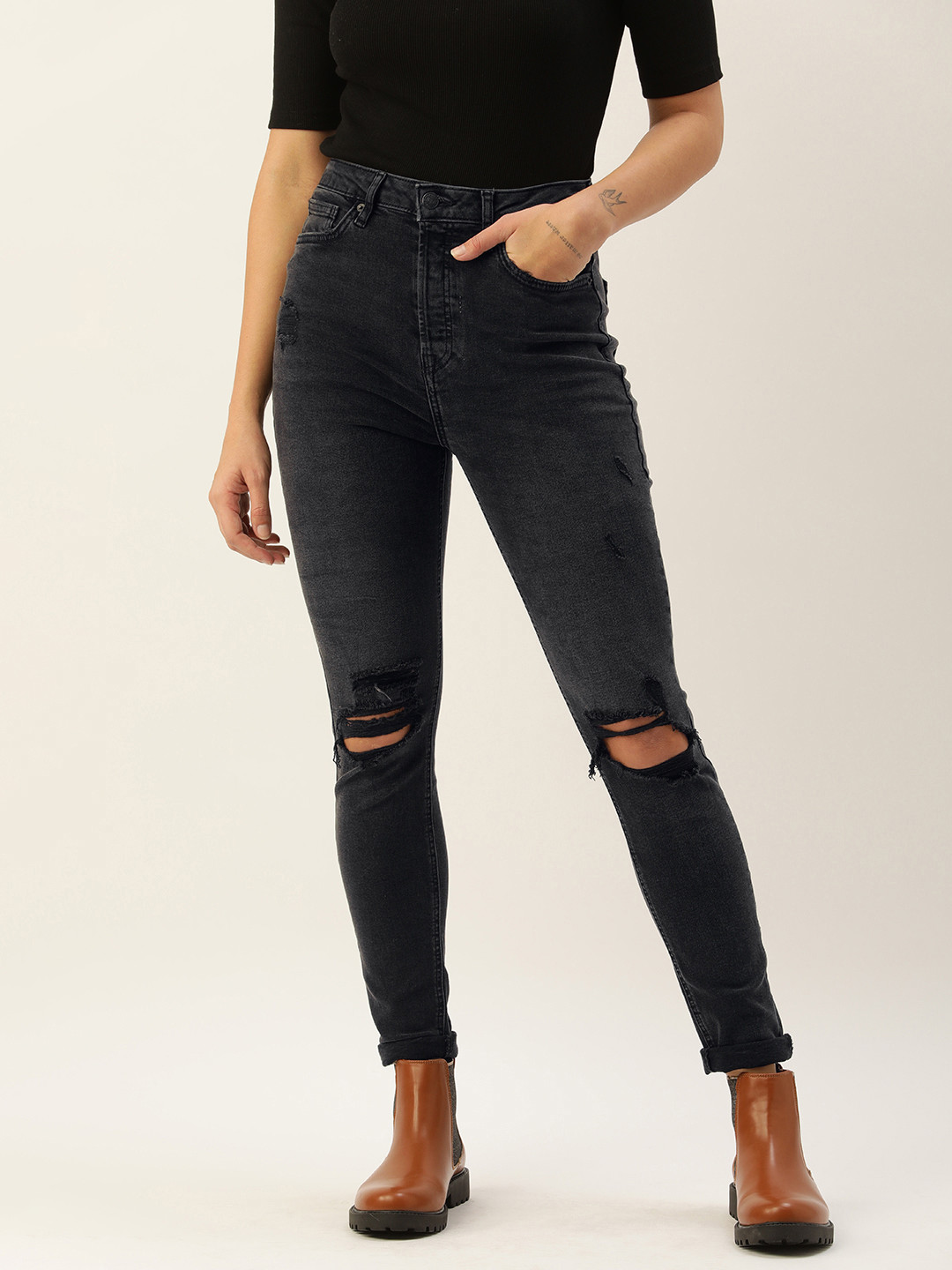 Buy FOREVER 21 Women Black Skinny Fit High Rise Mildly Distressed