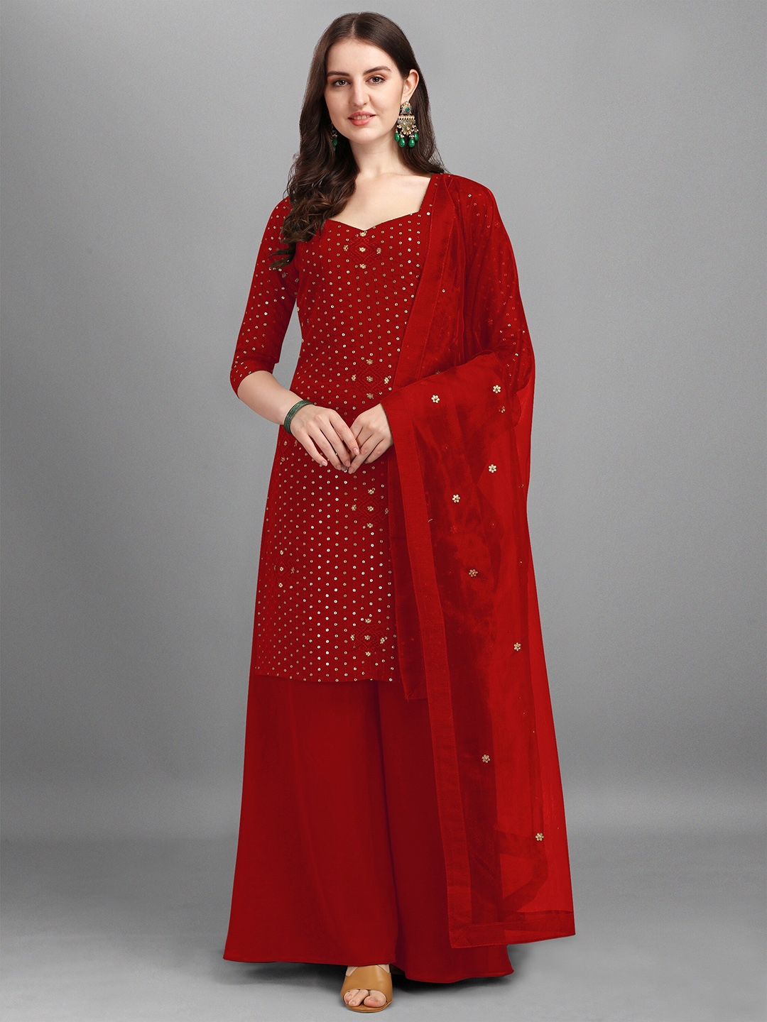 Buy Ethnic Yard Maroon & Gold Toned Embroidered Semi Stitched Dress