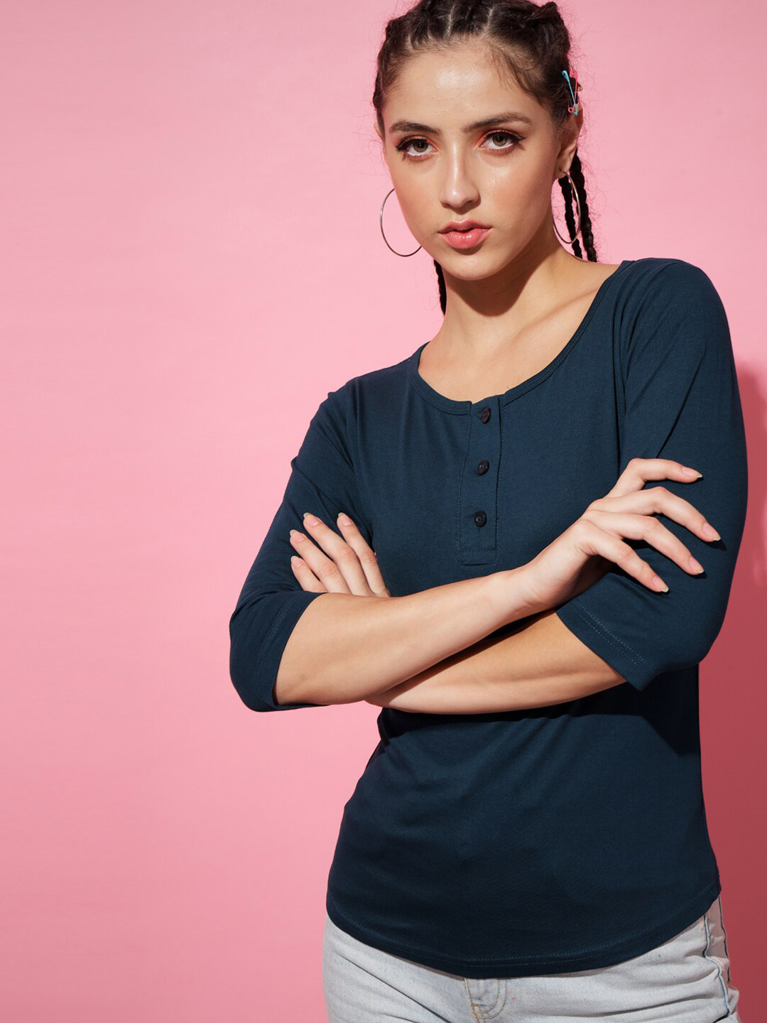 Buy The Dry State Women Navy Blue Henley Neck T Shirt Tshirts for