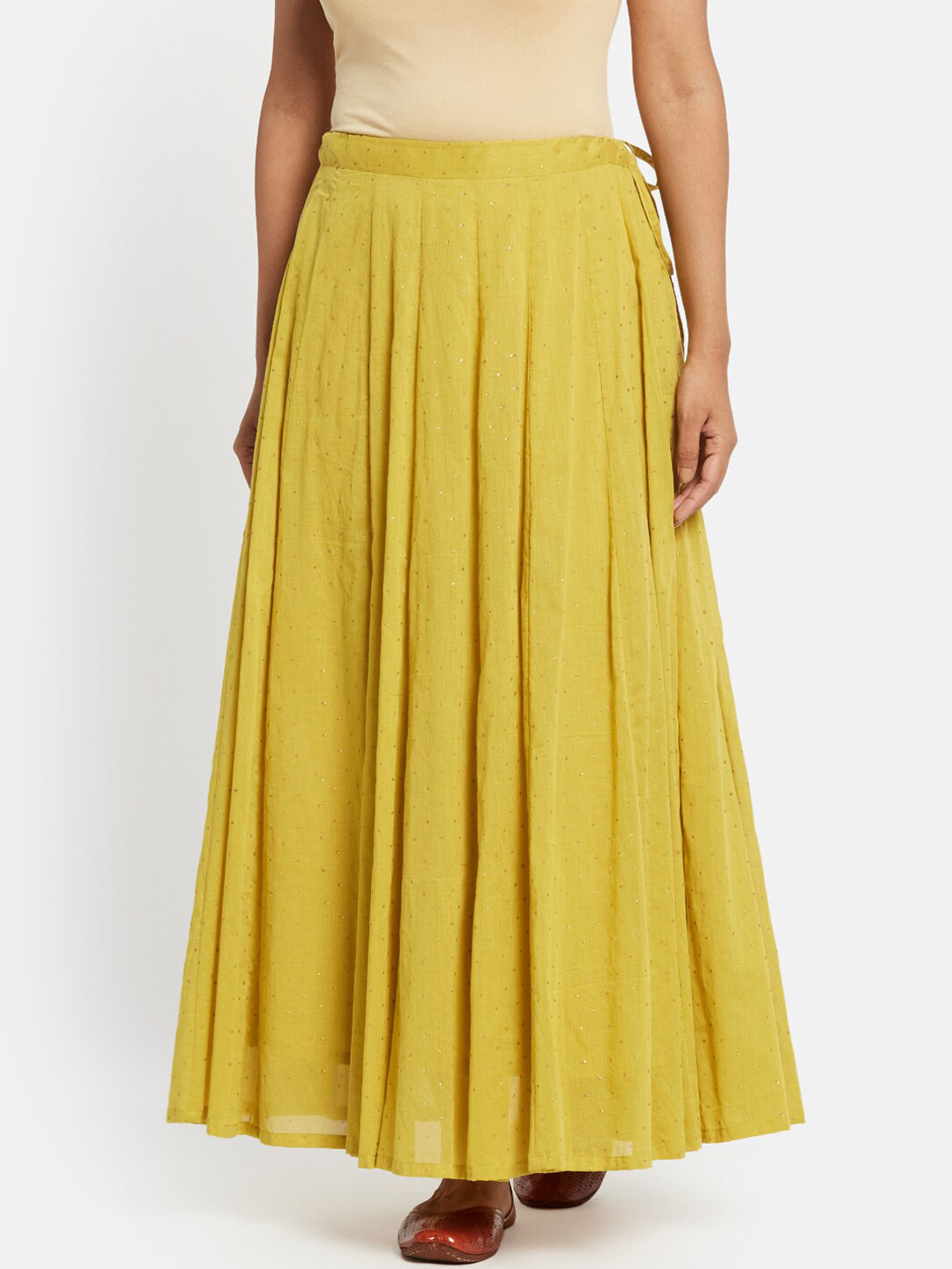 Mustard Printed Flared Rayon Maxi Skirt