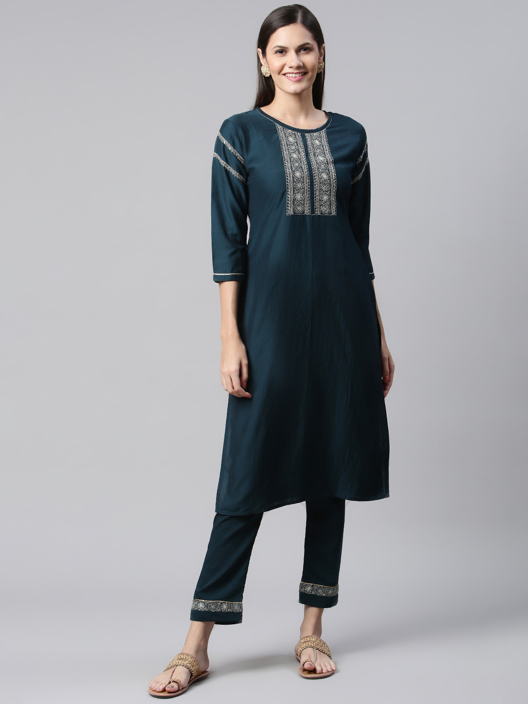 Women Teal Embroidered Straight Kurta With Trouser Set