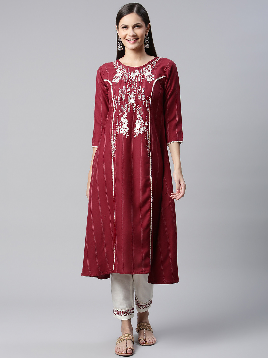 Buy SheWill Women Maroon Floral Embroidered Pleated Sequinned Kurta