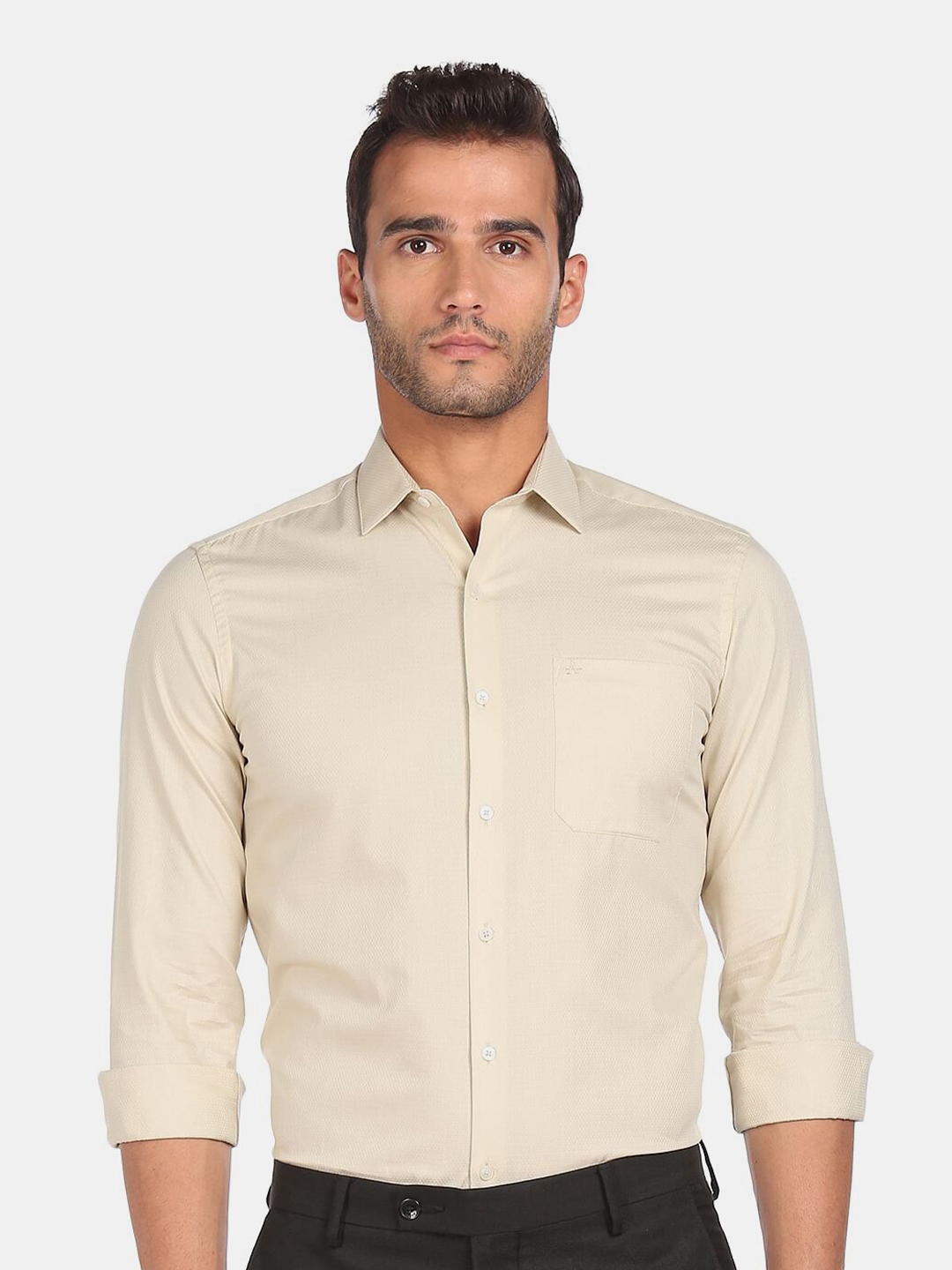 Buy Arrow Men Beige Self Design Slim Fit Pure Cotton Formal Shirt ...