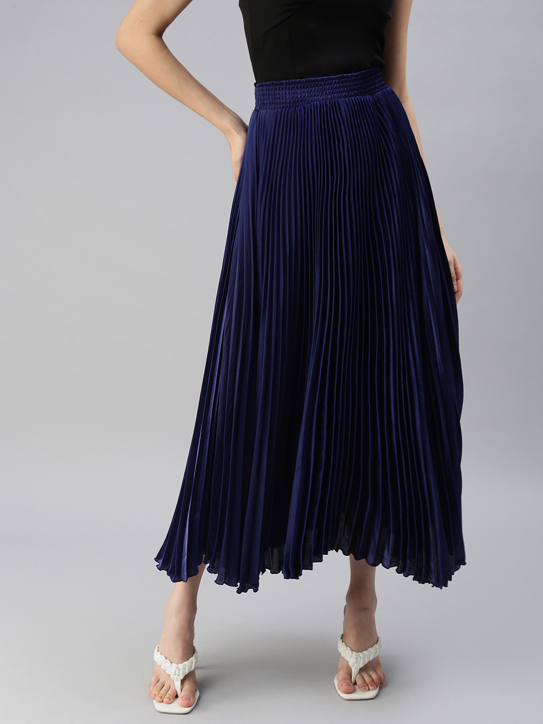 Buy SHOWOFF Navy Blue Solid Midi Flared Skirt Skirts for Women