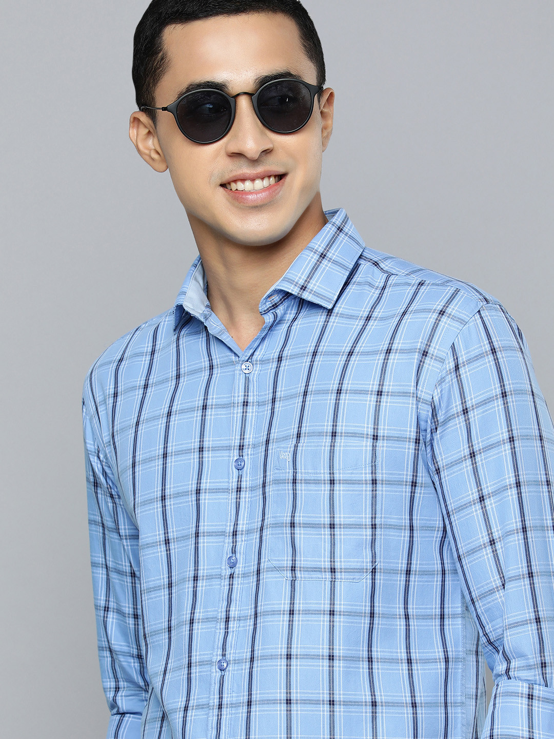 Men's Blue Tartan Checked Slim Fit Cotton Casual Shirt