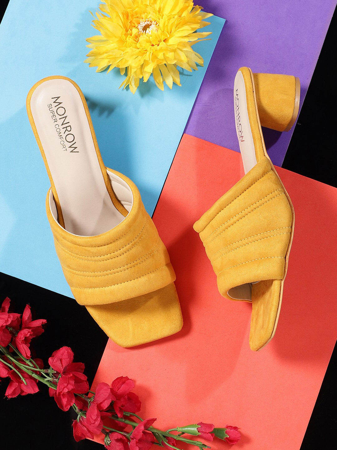 yellow suede block heels