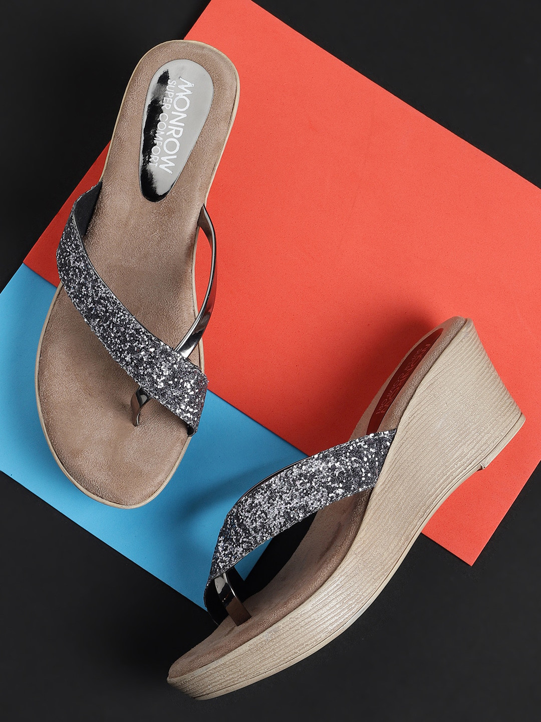 Buy Monrow Gunmetal Toned Embellished PU Wedge Sandals Heels for