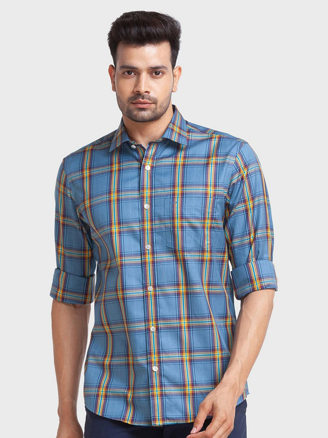 Buy ColorPlus Men Blue Tailored Fit Checked Casual Shirt Shirts for