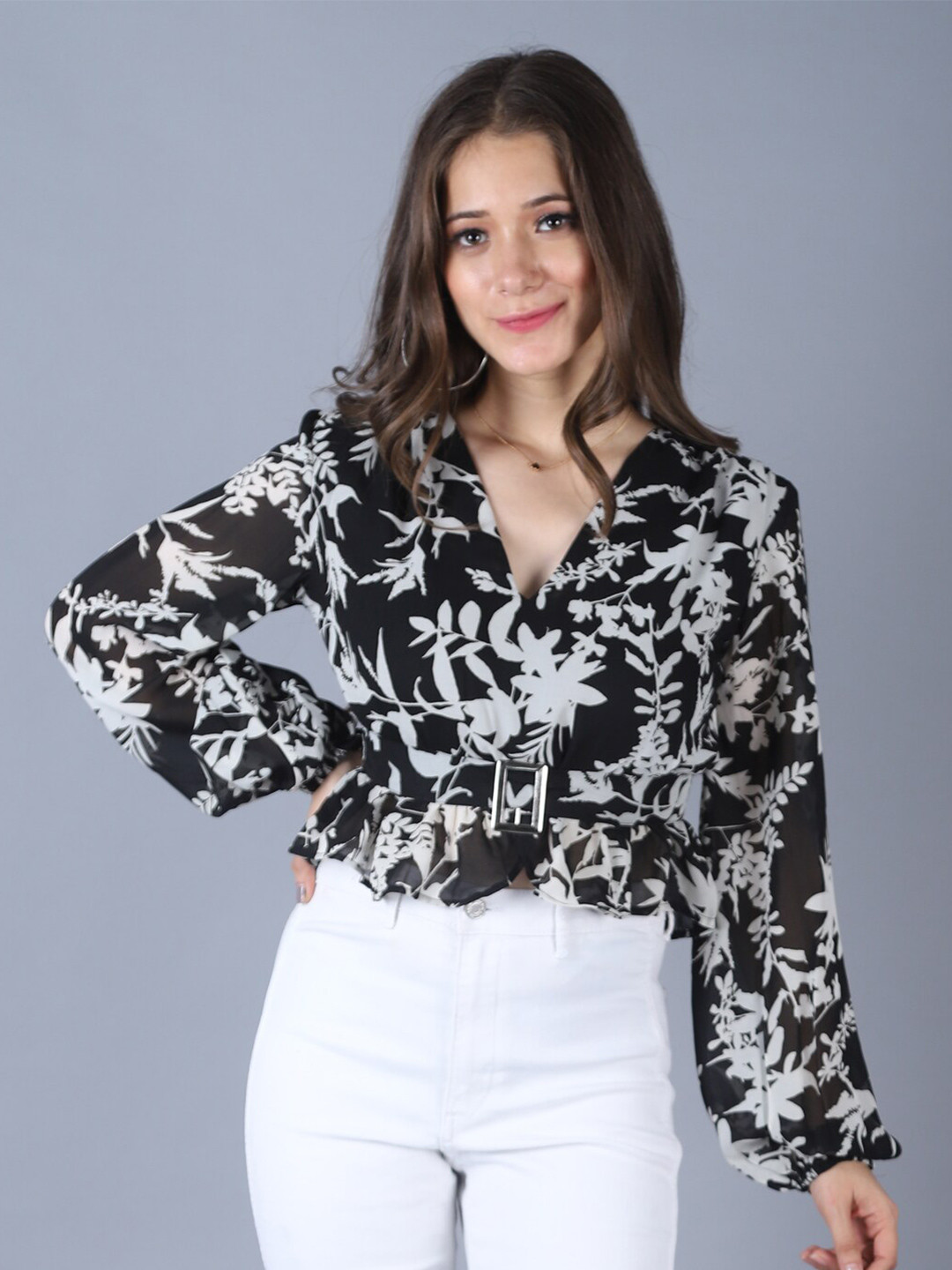 Floral Printed Georgette Over-Lay Top - Black