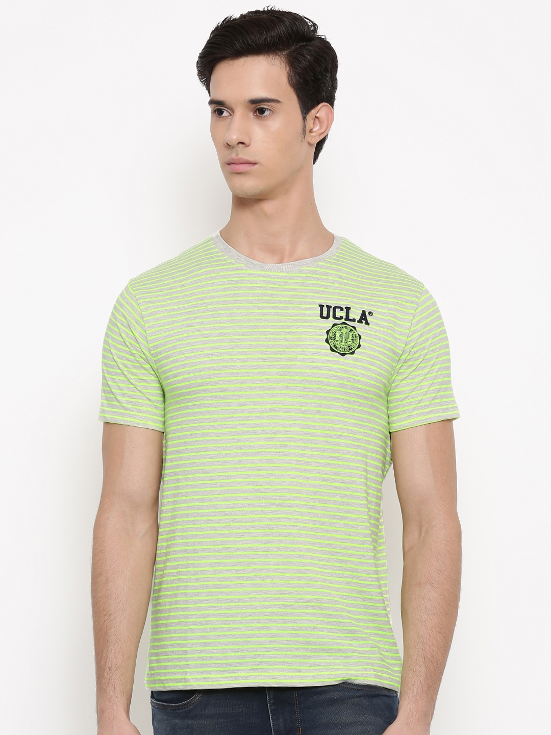 Buy UCLA Men Grey Melange Green Fluorescent Striped Round Neck Pure ...