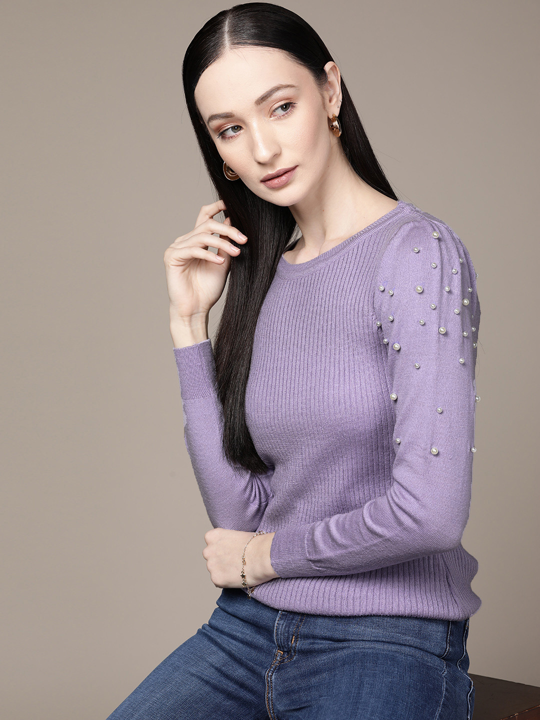 Buy Bebe Women Lavender All Day Ribbed Sweater With Embellished Detail ...