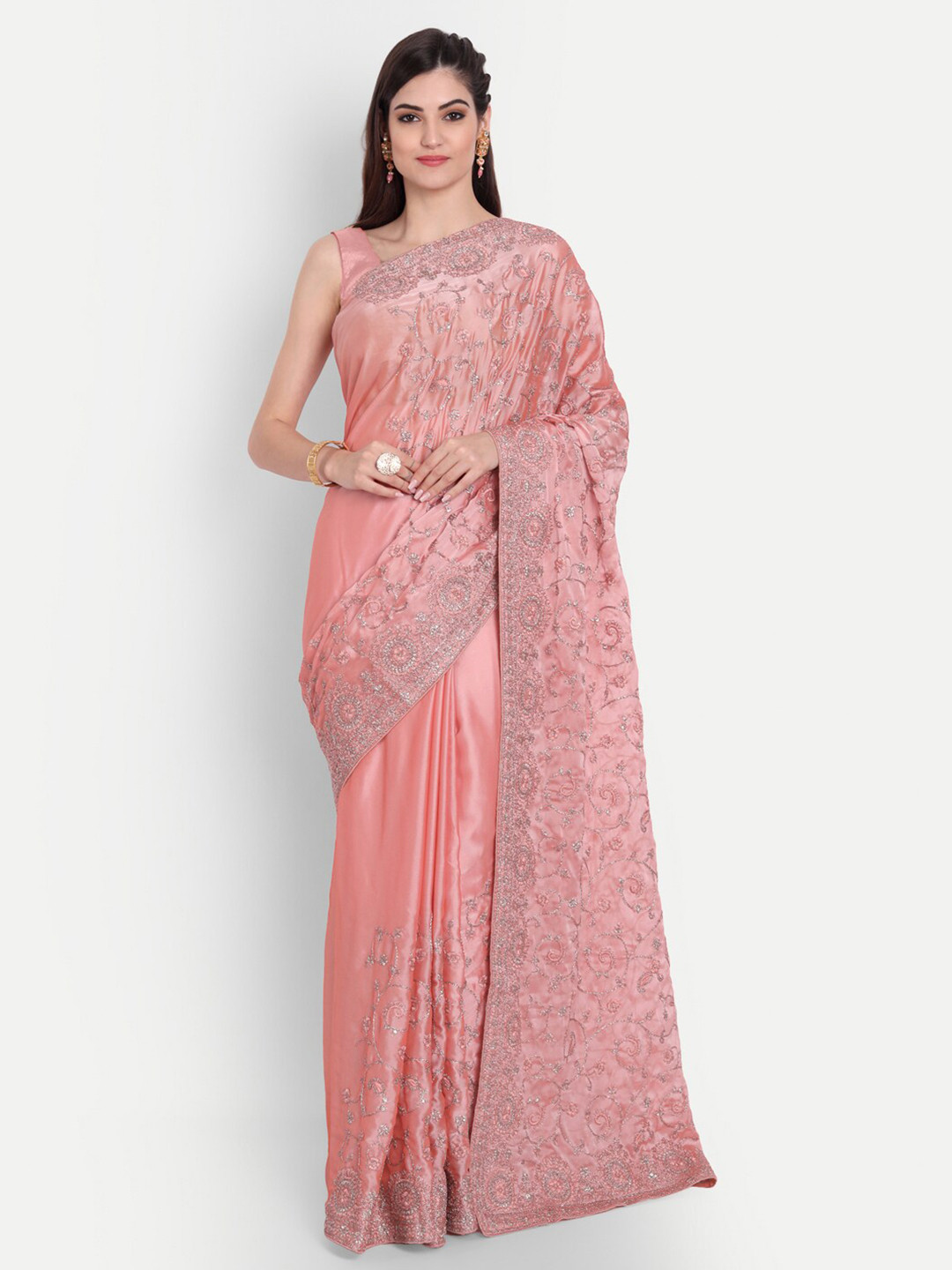 Buy Kasee Pink & Silver Toned Floral Embroidered Art Silk Saree
