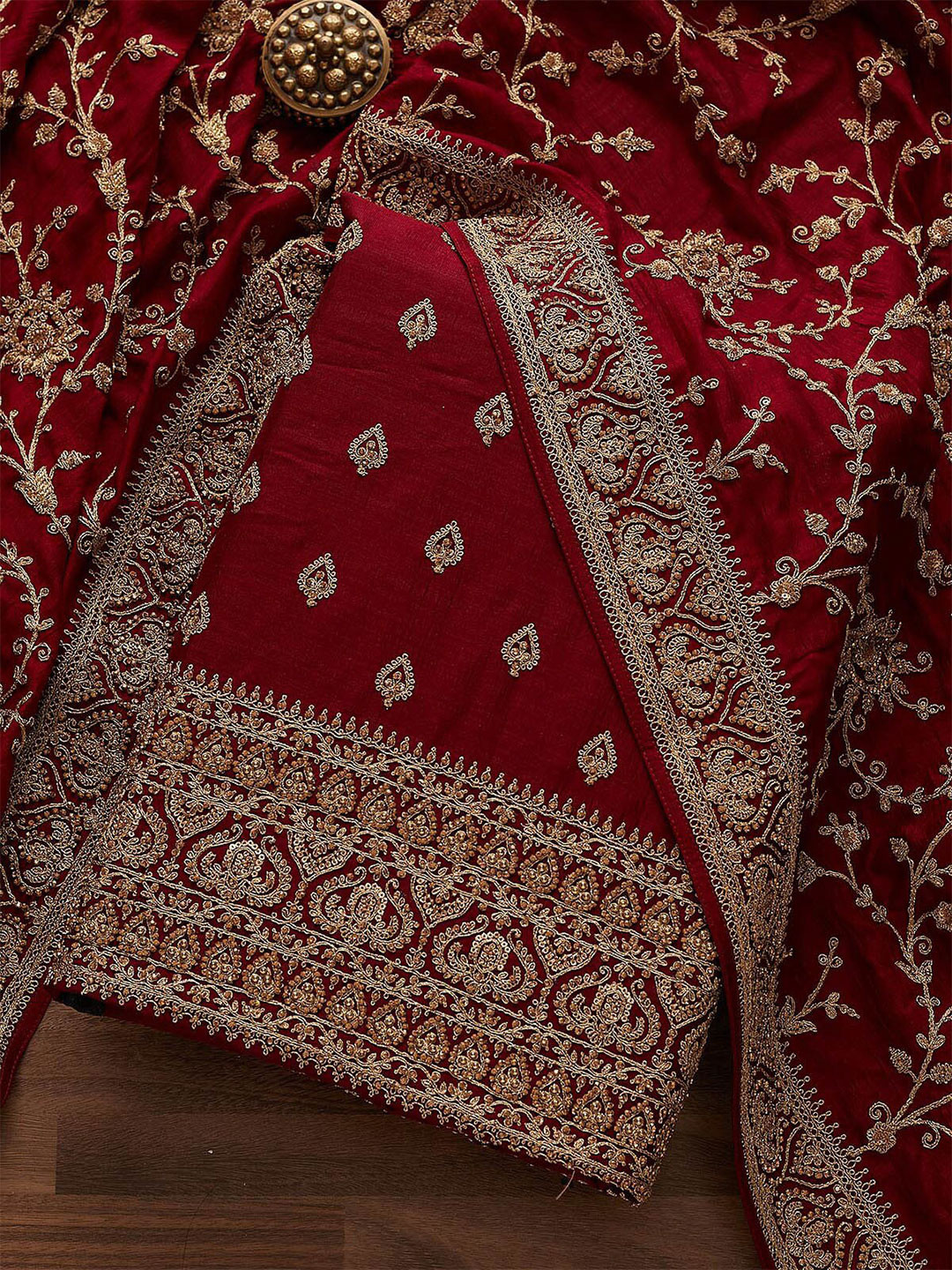 Buy Koskii Women Maroon & Gold Toned Embroidered Art Silk Unstitched