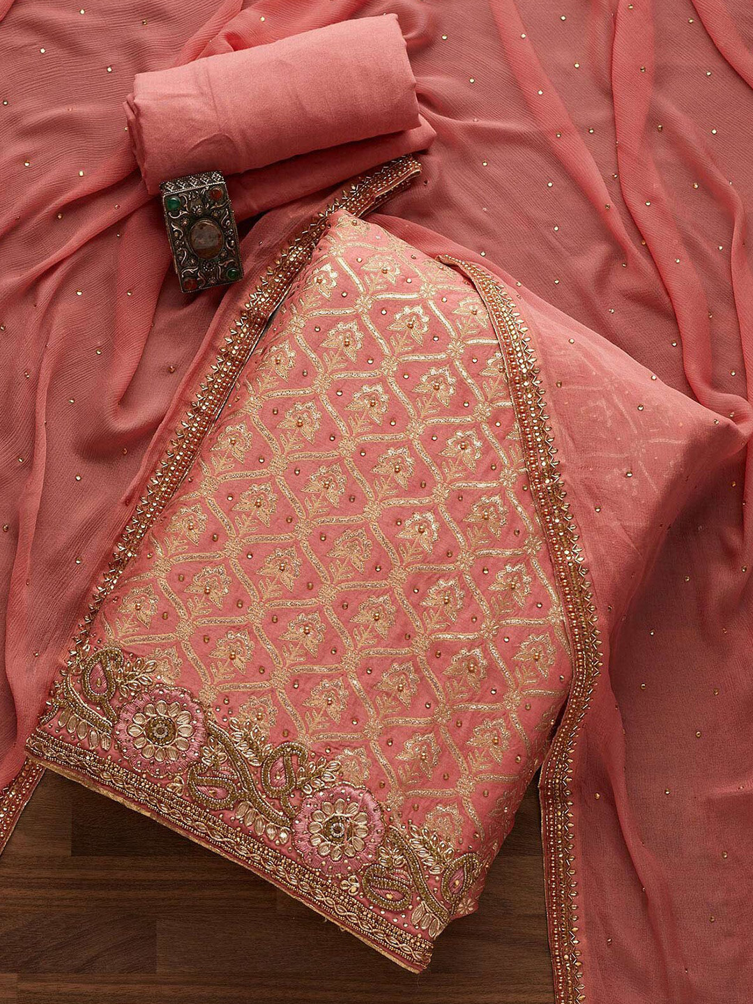 Buy Koskii Pink & Gold Toned Embroidered Art Silk Unstitched Salwar Suit Dress Material for