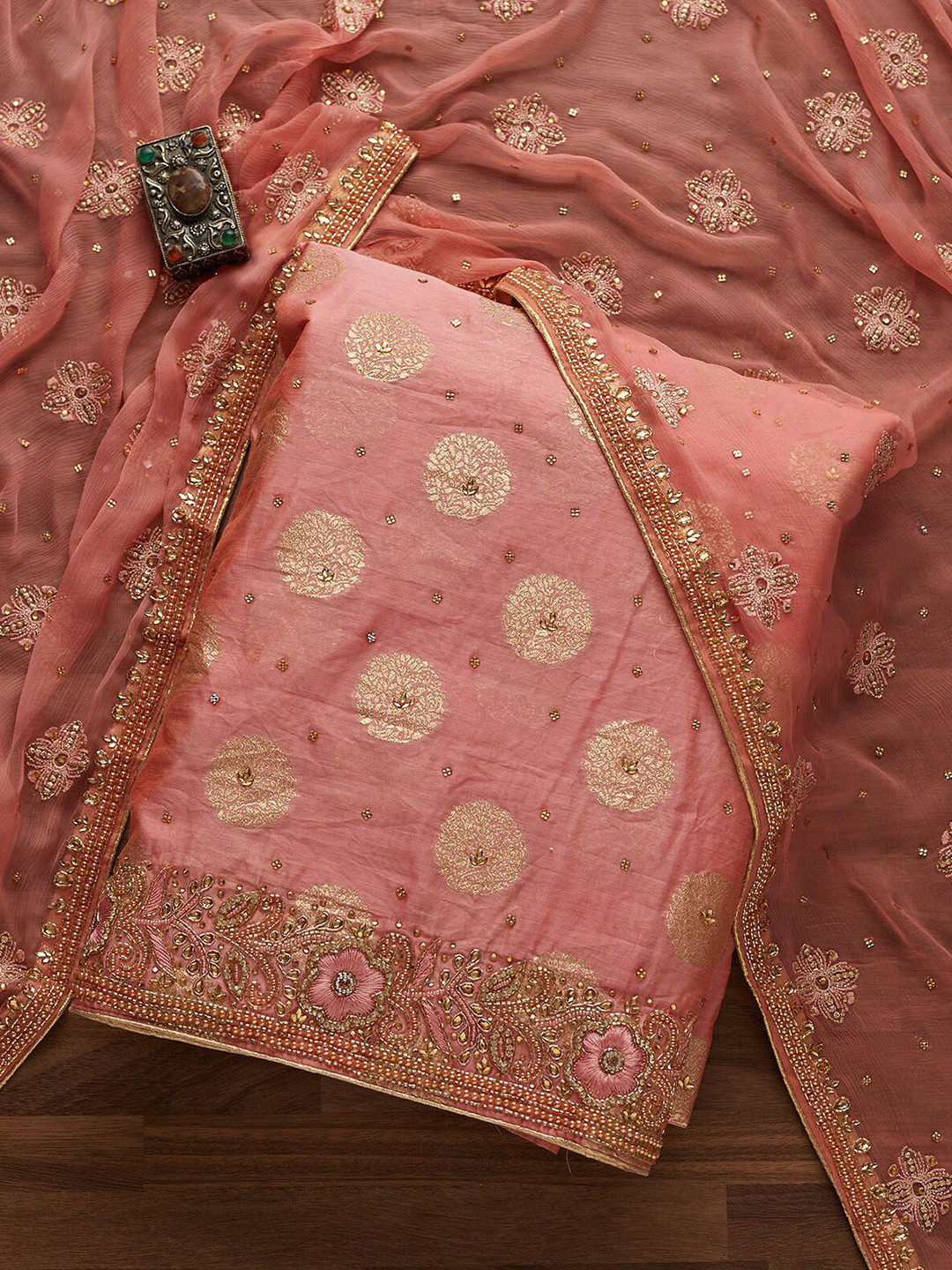 Buy Koskii Pink & Gold Toned Embroidered Unstitched Dress Material