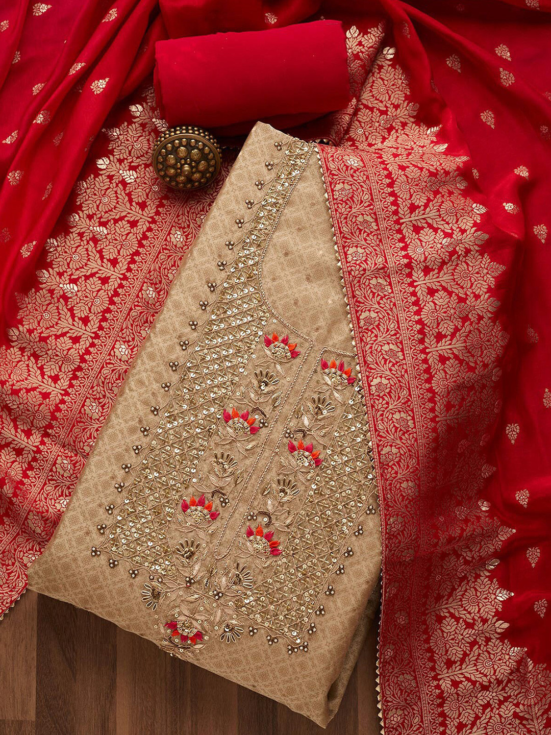 Buy Koskii Red & Gold Toned Embroidered Unstitched Dress Material