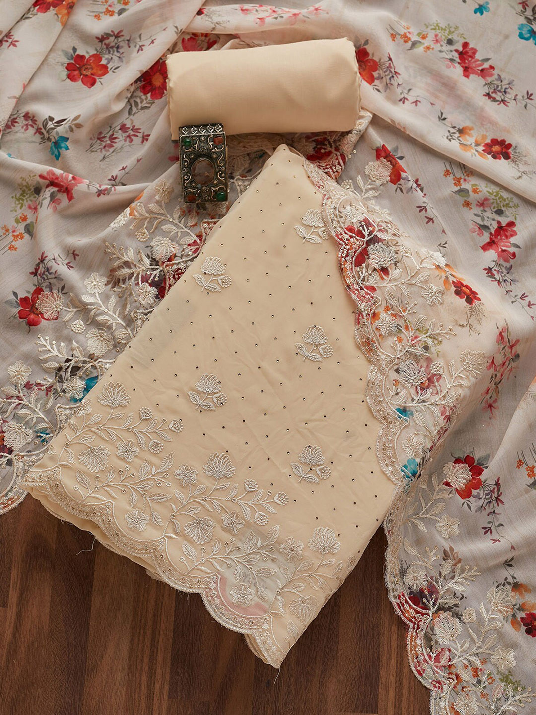 Buy Koskii Gold Toned & Red Embroidered Unstitched Dress Material