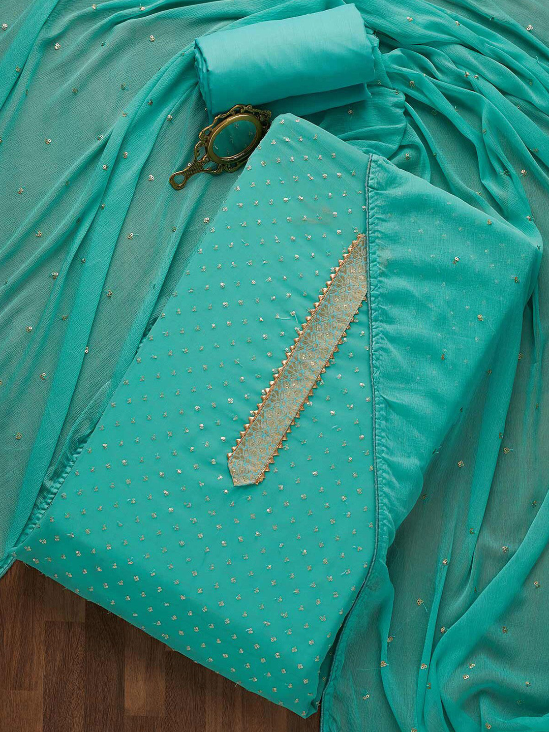 Buy Koskii Women Green & Gold Toned Sequinned Embellished Unstitched