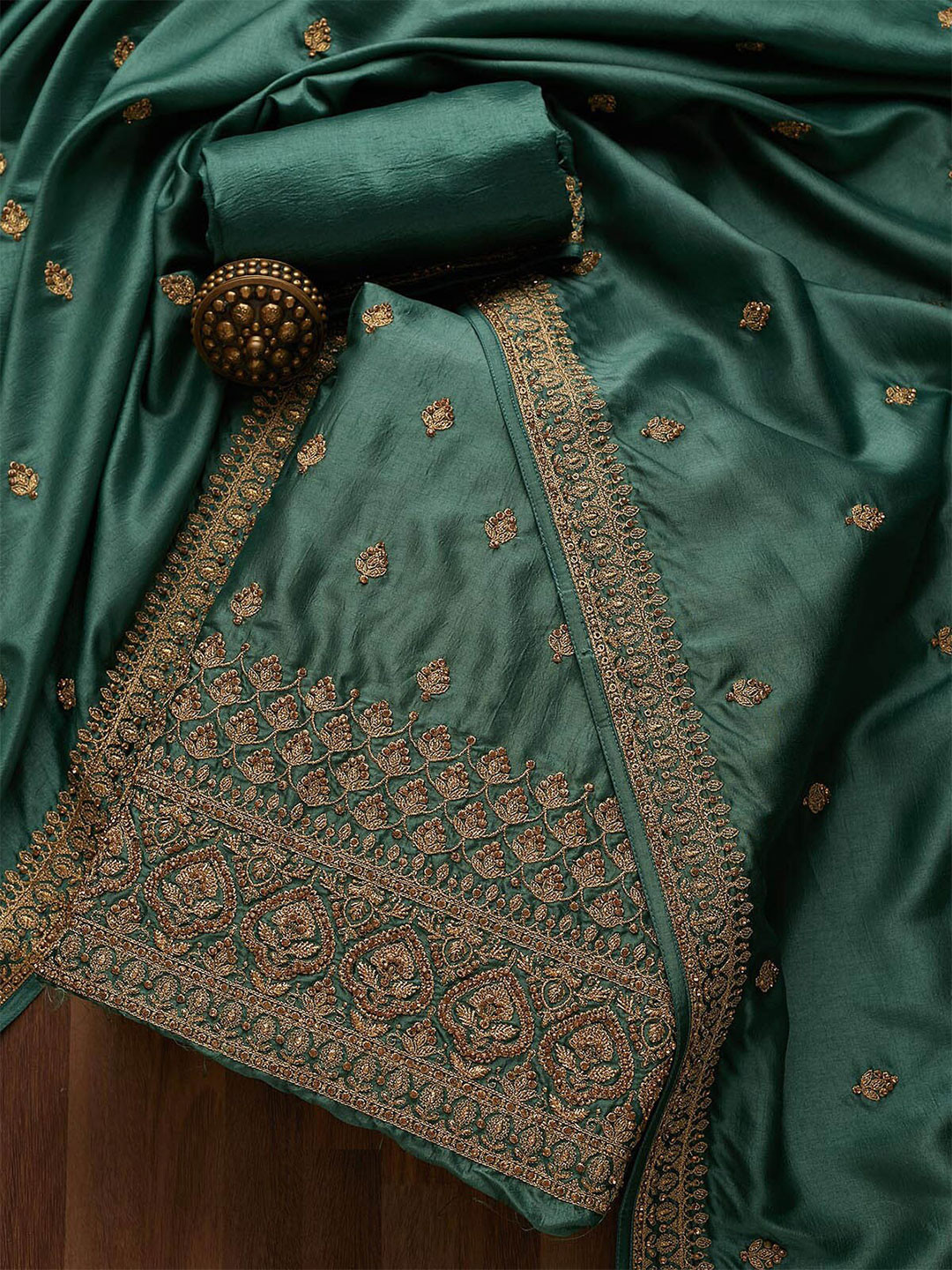 Buy Koskii Women Green & Gold Toned Embroidered Art Silk Unstitched